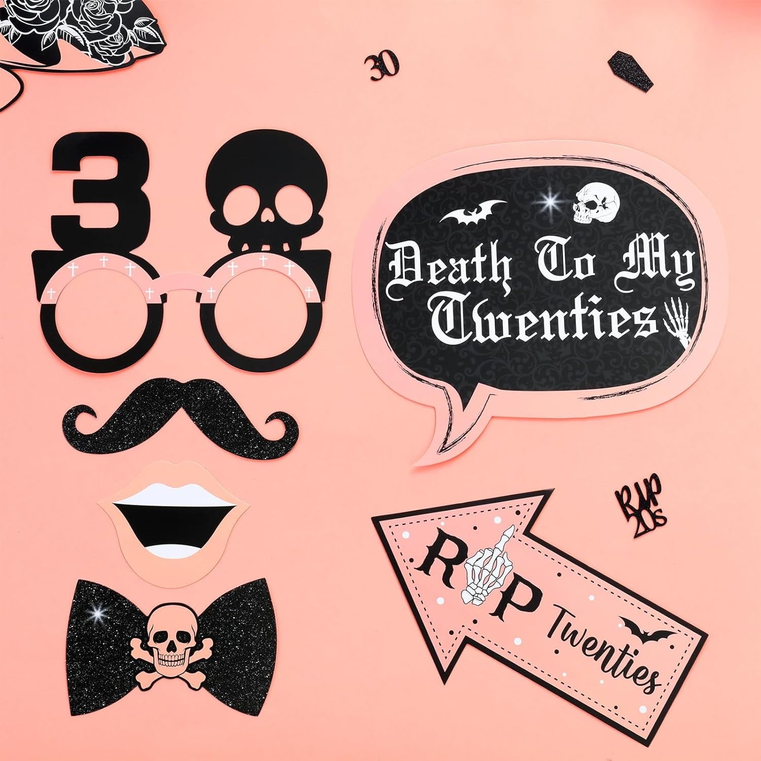 24Pcs 30th Birthday Photo Booth Props, Rip Twenties Birthday Decorations, Death to My 20s Decorations for 30th Birthday Party Supplies Black and Rose Gold