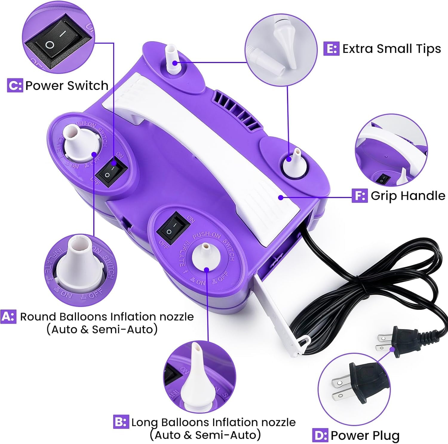 Electric Air Balloon Pump | 3-in-1 Air Pump for Inflatables,Long Animal Twisty Balloon, Foil Balloons, Quick-Fill 110V AC Inflator Deflator Great for Pool Floats Air Mattress Inflatables Purple Color