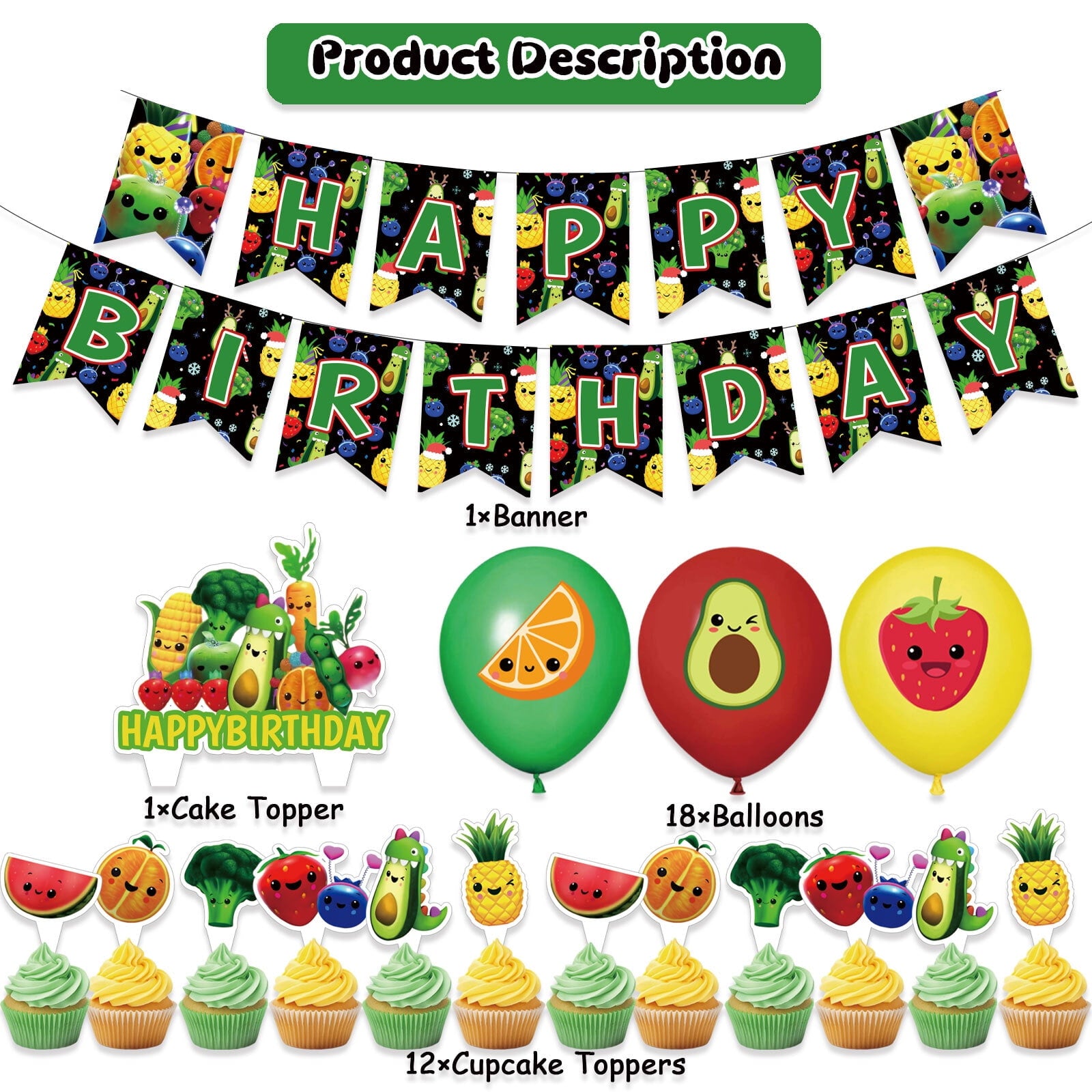 32 Pcs For Hey One Bear Sensory Fruit Theme Birthday Party Decorations,With 1 Happy Birthday Banner Garland,13 Cupcake Toppers,18 Balloons for Party Decorations