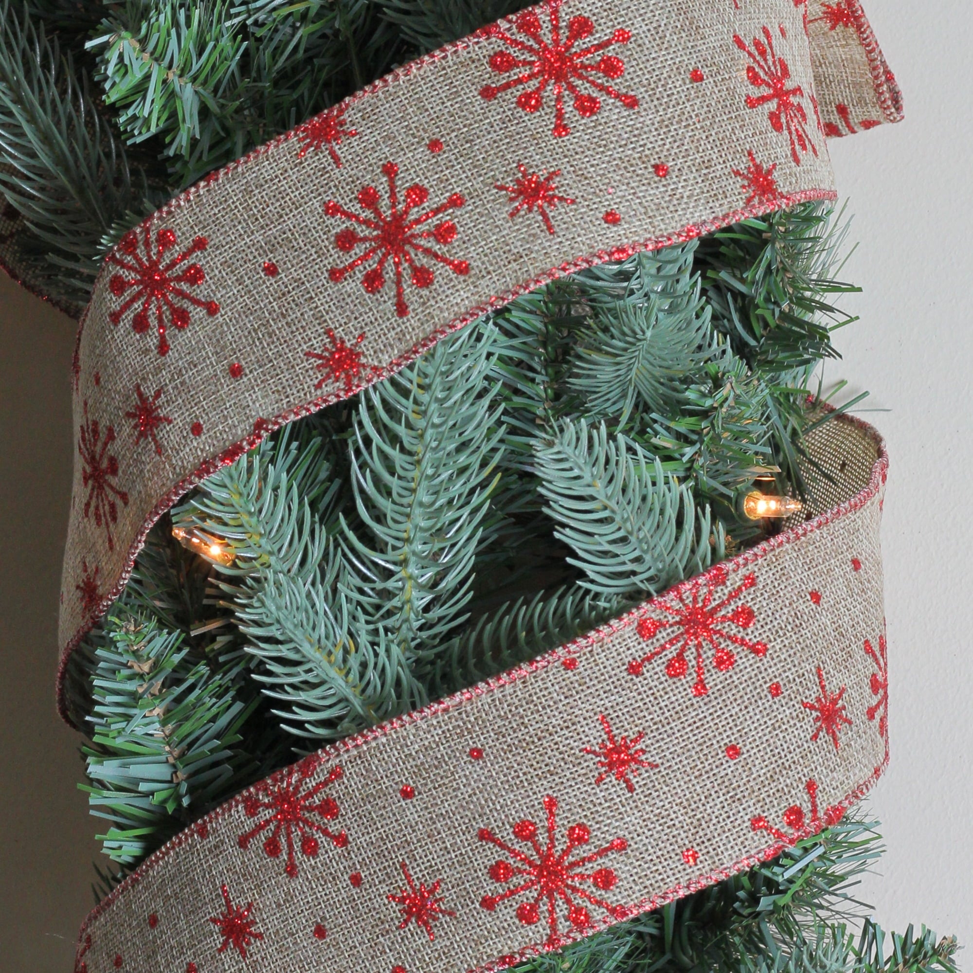 Northlight Club Pack of 12 Red Snowflake and Beige Burlap Wired Christmas Craft Ribbon Spools - 2.5"