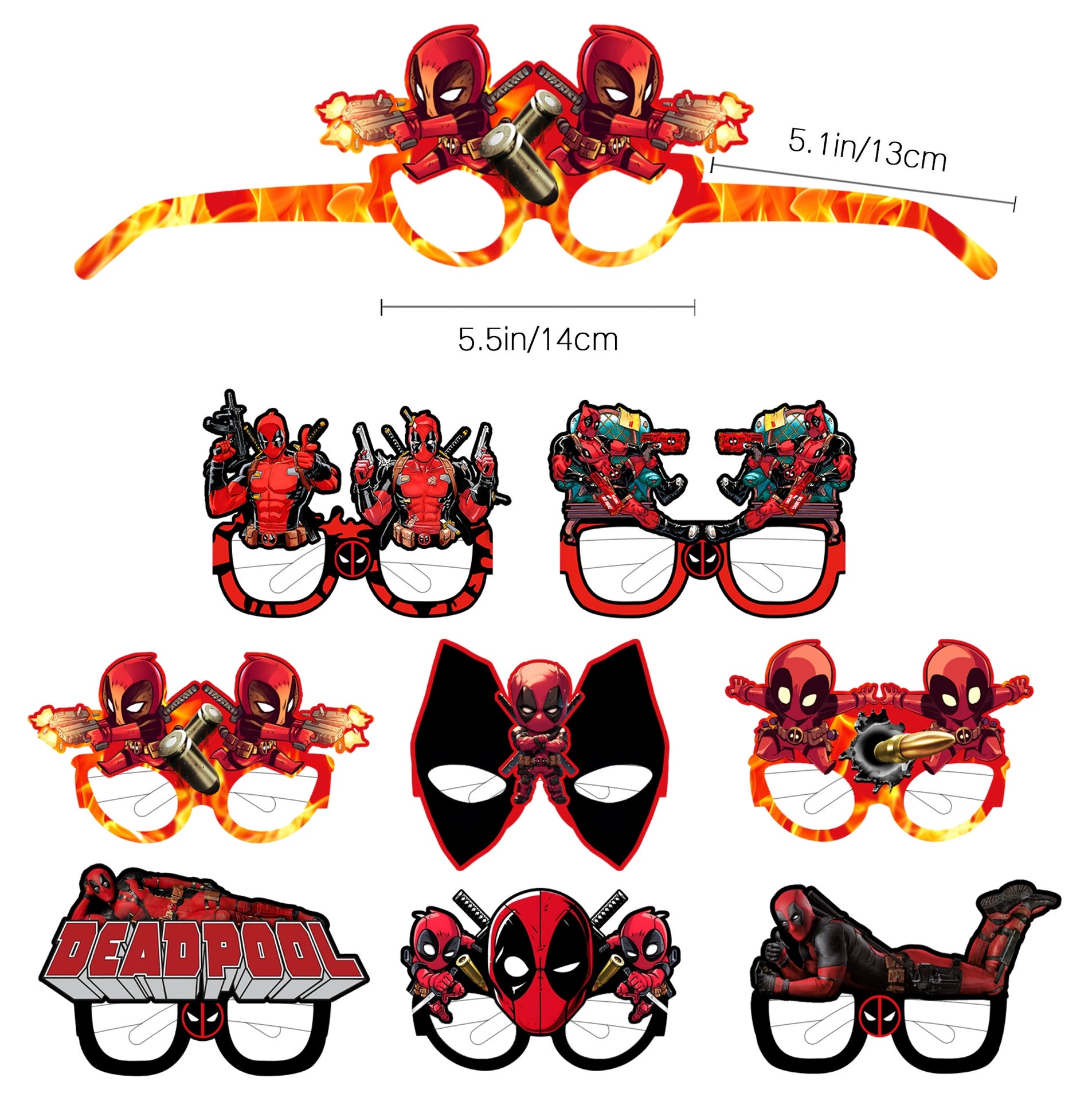 16Pcs Deadpool Themed Paper Glasses, Party Supplies Photo Booth Prop Cartoon Character Cosplay Birthday Gift for Kids.