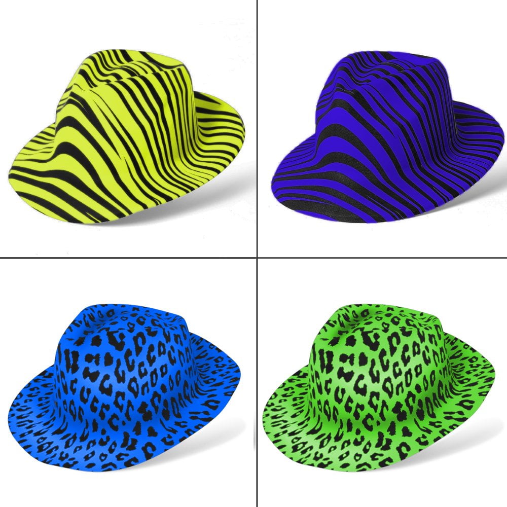 24 Pcs Neon Animal Print Plastic Party Hats - Fedora with Gangster Mafia Style - UV Blacklight Glow Party Stars Rave Hats