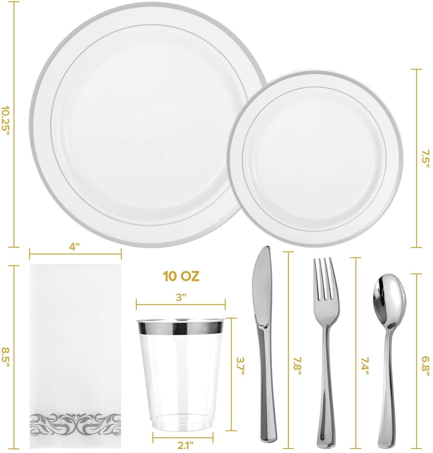 350 Piece Silver Dinnerware Set 50 Guest-100 Silver Rim Plastic Plates-50 Silver Plastic Silverware-50 Silver Plastic Cups-50 Linen Feel Silver Paper Napkins,FOCUSLINE Disposable Dinnerware Set