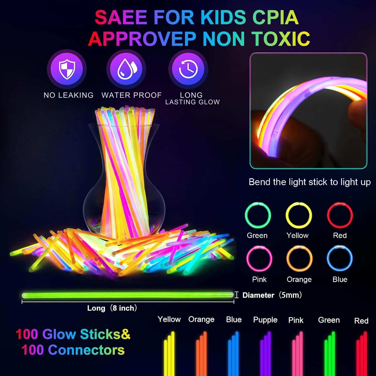 242PCS Glow in the Dark Party Supplies, Light Up Glasses, Headband, Rings, 100 Glow Sticks Bulk Party Pack for Neon Party, Wedding, Birthday, Concert, New Year, Carnivals, Raves