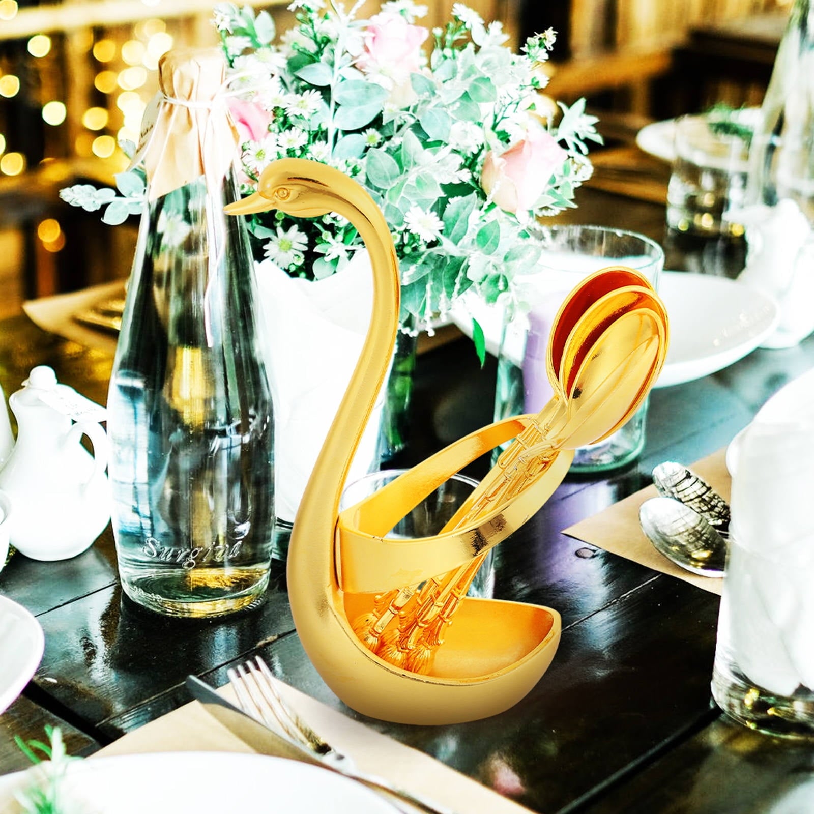 ULTNICE 6 Pcs Metal Serving Utensils Swan Base Holder Spoon Alloy Anti Rust for Table Setting