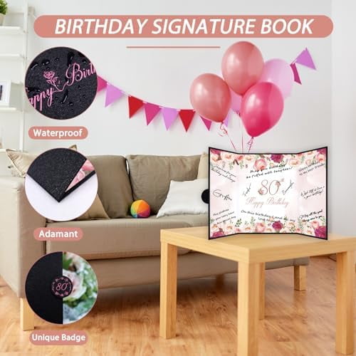 80th Birthday Guest Book Alternative, Black and Pink 80th Birthday Party Decorations for Women, Creative 80th Birthday Signature Book, Cheers to 80 Year Old Birthday Party Supplies