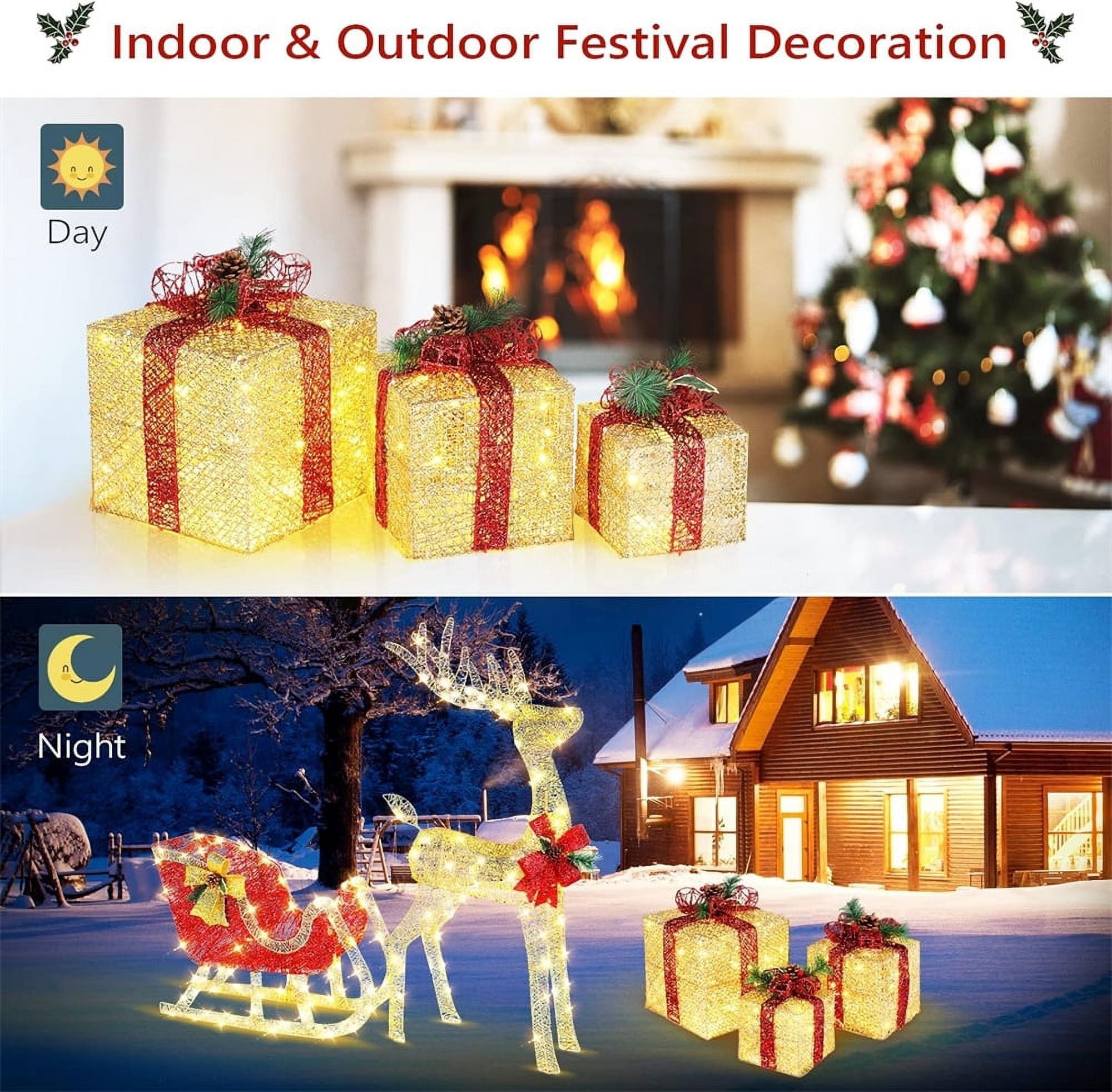 NOGIS Christmas Lighted Gift Boxes Set of 3 with Plug, Weather Proof Nestable Present Boxes Ornament Home Decor Pre-lit 60 LED Lights Pre-Secured Bowknot for Indoor or Outdoor Christmas Decor