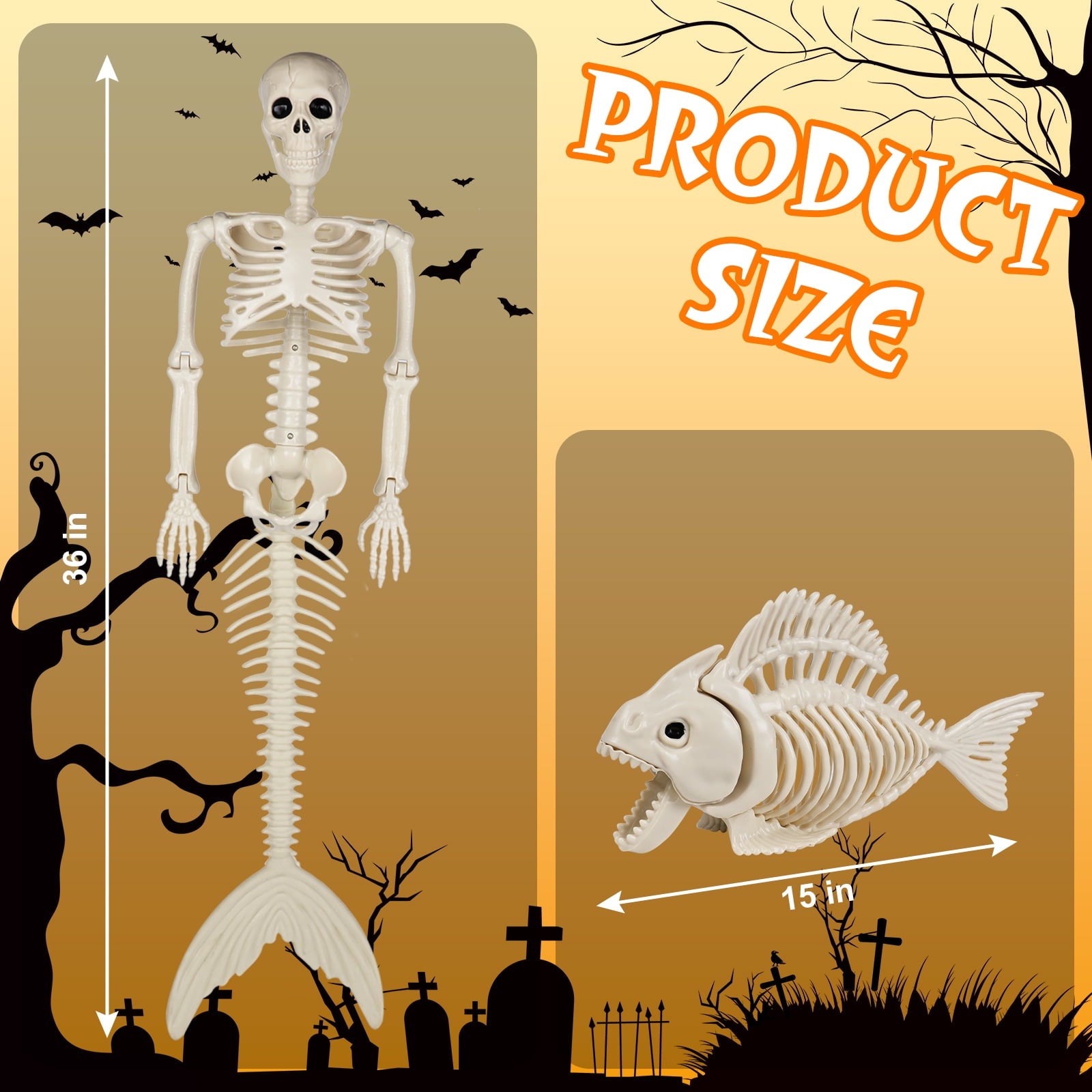 36inch Halloween mermaid skeleton, with flexible joints, can be posed and hung, suitable for Halloween indoor and outdoor decorations, parties, horror scenes and other occasions