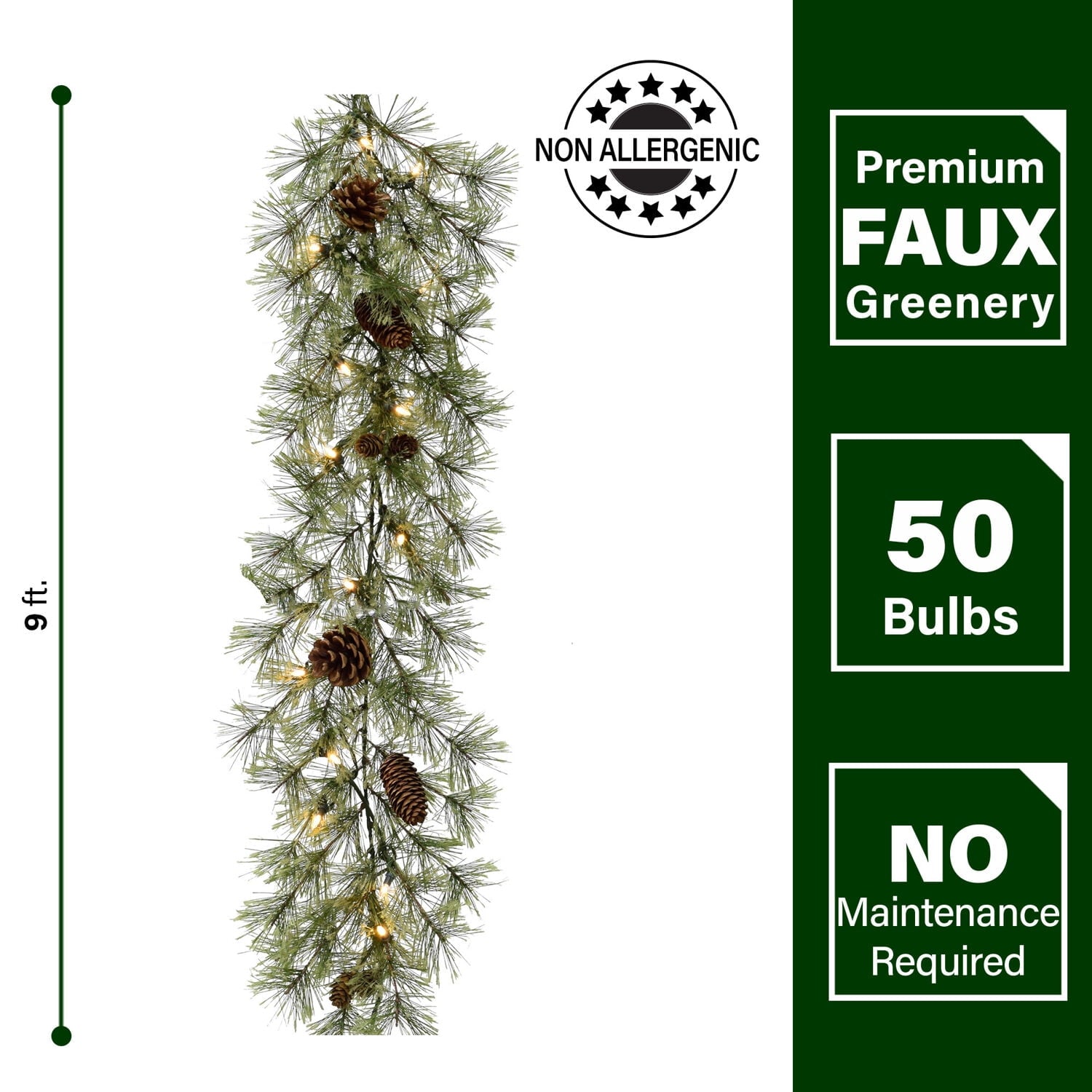 Fraser Hill Farm Green Pine Garland with Pinecones, 9-Ft. Long, Perfect Christmas Decoration for Door, Stairs, or Above Fireplace, Battery-Operated Warm White LED Lights, FF007CHGL-108-5GR