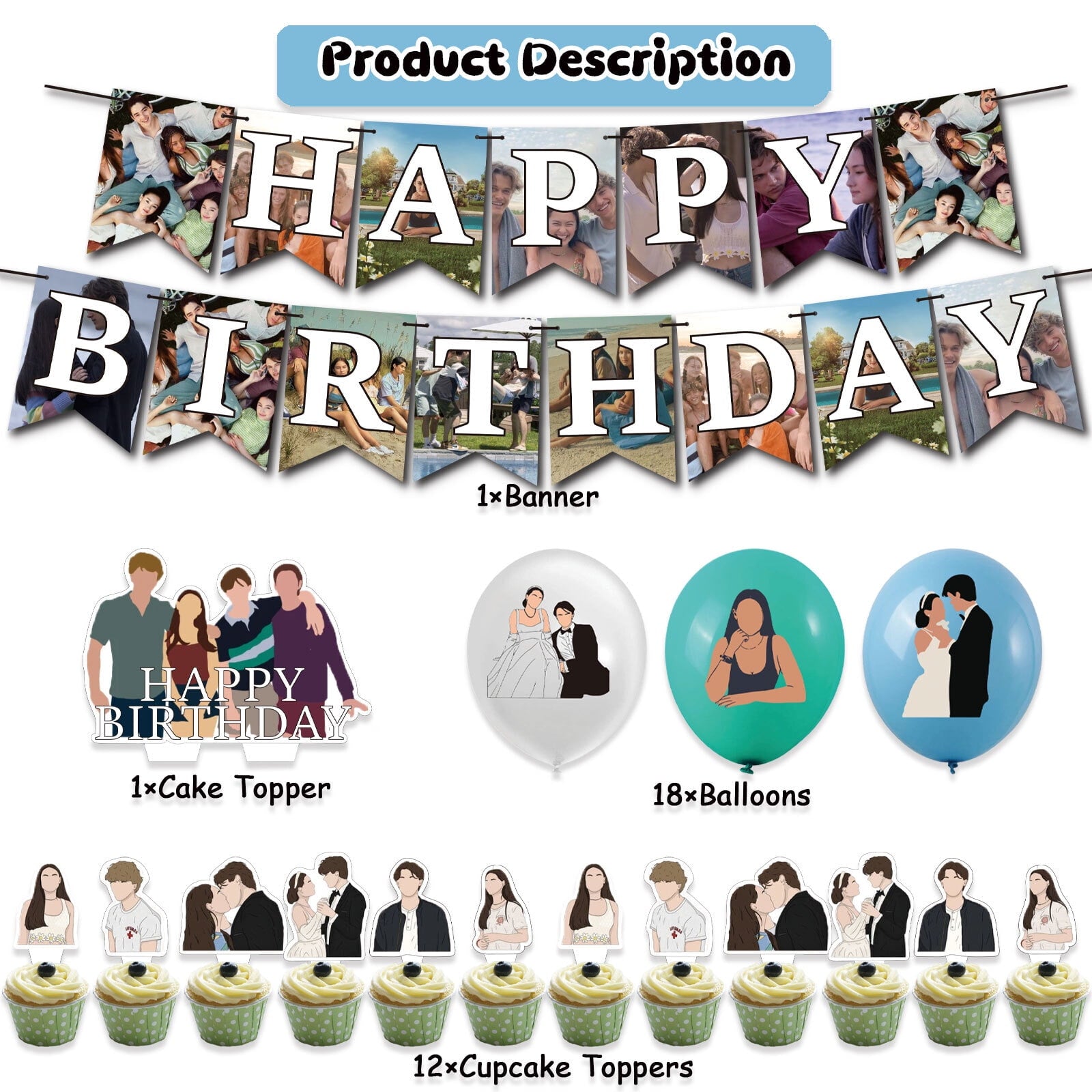 32 Pcs For The Summer I Turned Pretty Theme Birthday Party Decorations,With 1 Happy Birthday Banner Garland,13 Cupcake Toppers,18 Balloons for Party Decorations