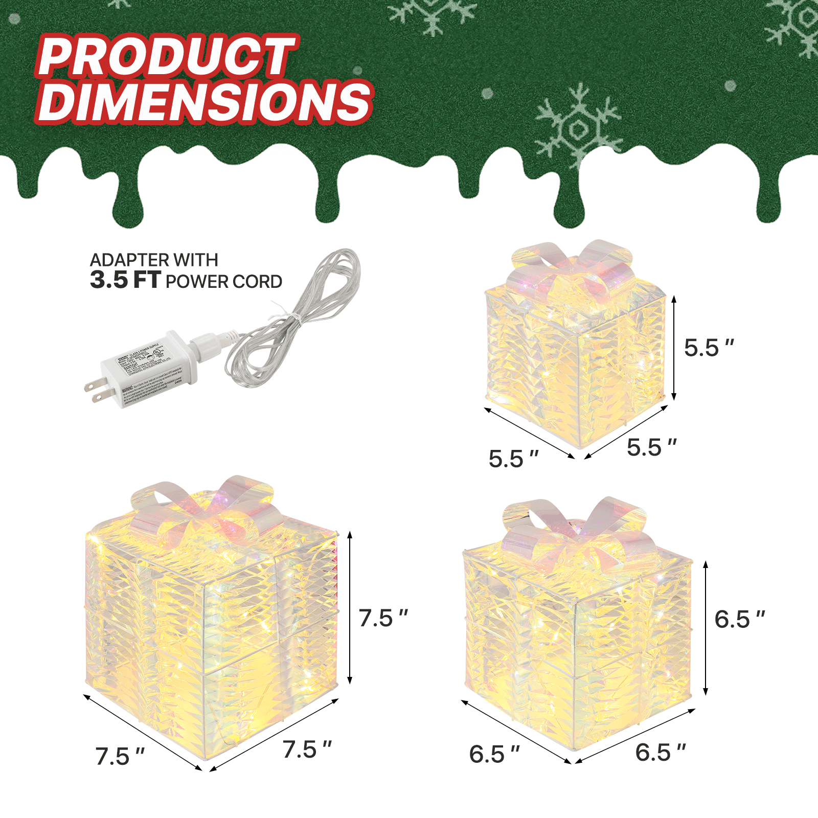 mollie Set of 3 Christmas Lighted Gift Boxes, Plug-in LED Light up Xmas Present Boxes Ornaments for Outdoor Indoor Christmas Tree Yard Holiday Party Favors Home Decor, Transparent