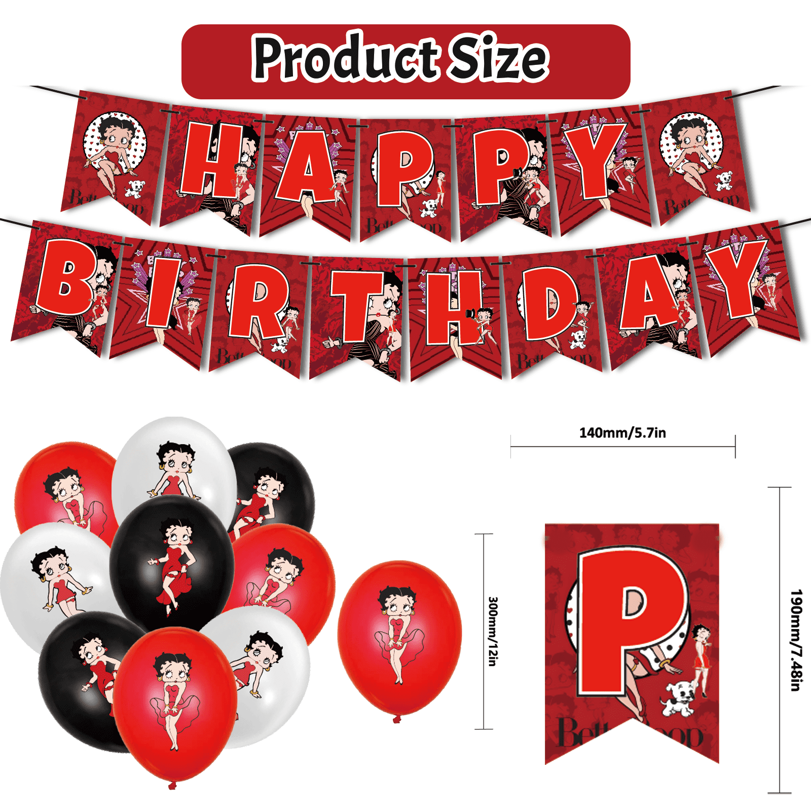82 Pcs For Betty Cartoon - Party Decoration Kit – Includes Banner, Cake Topper, 12 Cupcake Toppers, 50 Stickers, and 18 Balloons for Festive and Birthday Celebrations