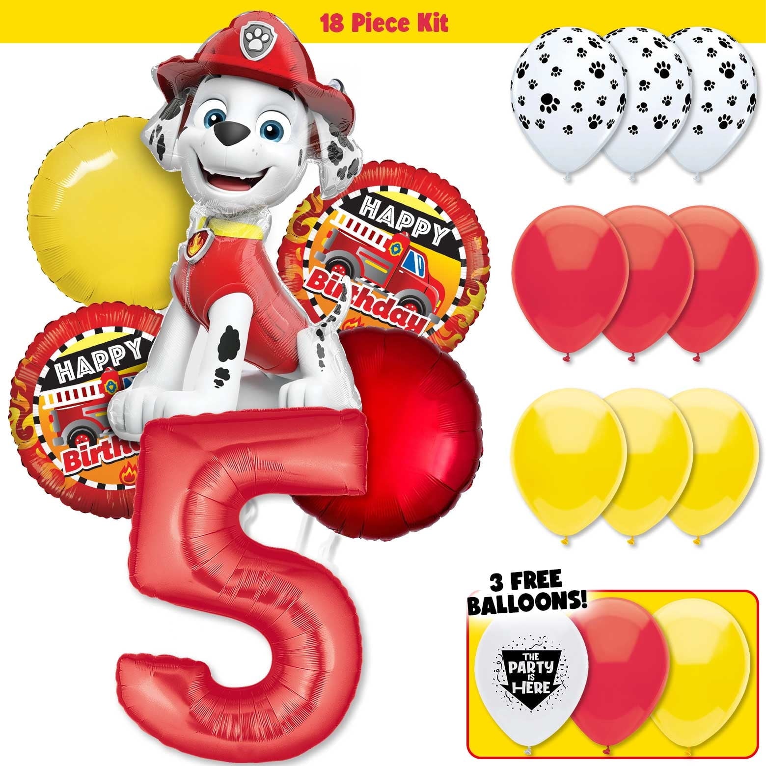 18pc Paw Patrol Marshall Fire Truck Dalmatian Doggy Marshall Birthday Balloon Party Kit with 40" Red Number 6 Balloon - Birthday Party Decoration Supplies