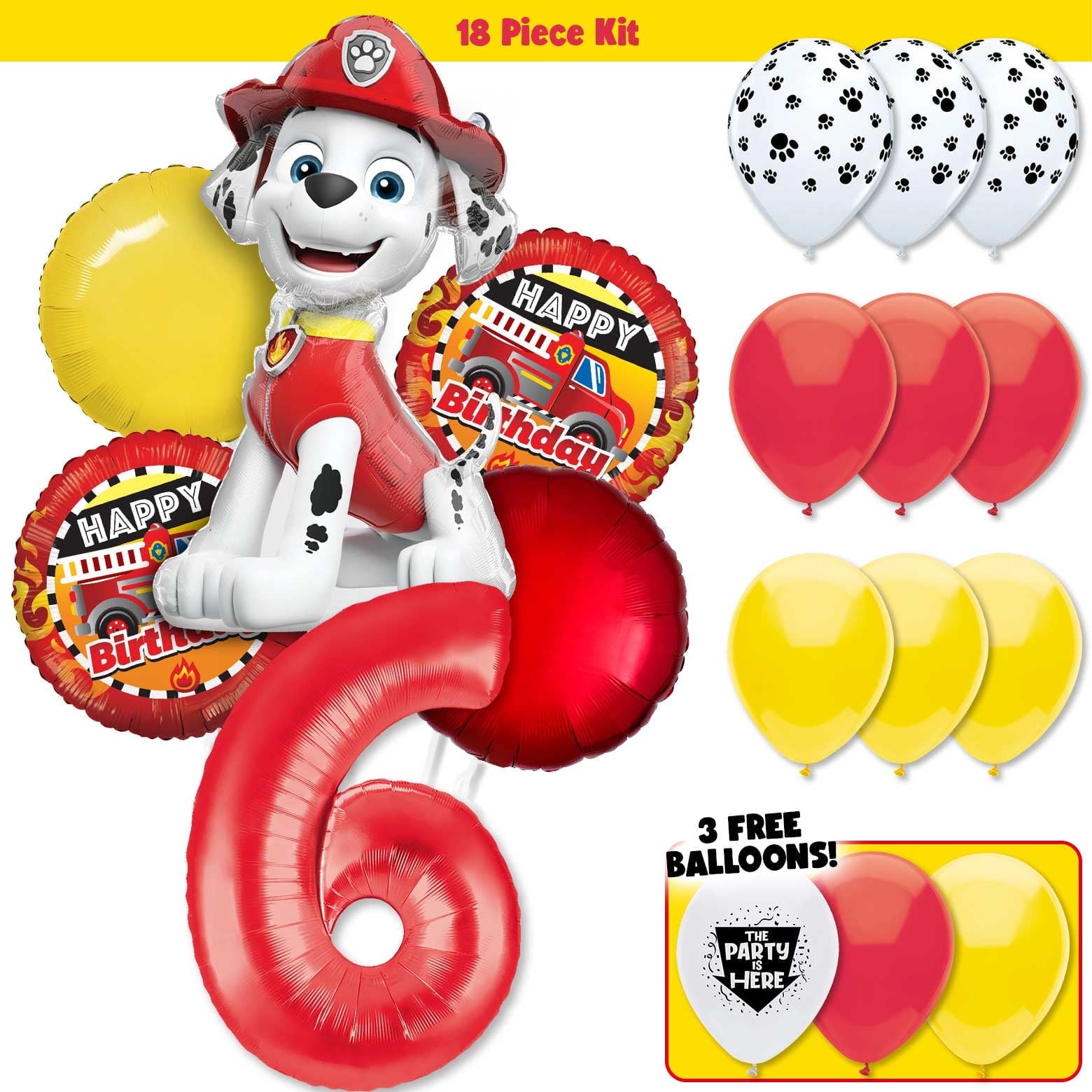 18pc Paw Patrol Marshall Fire Truck Dalmatian Doggy Marshall Birthday Balloon Party Kit with 40" Red Number 6 Balloon - Birthday Party Decoration Supplies