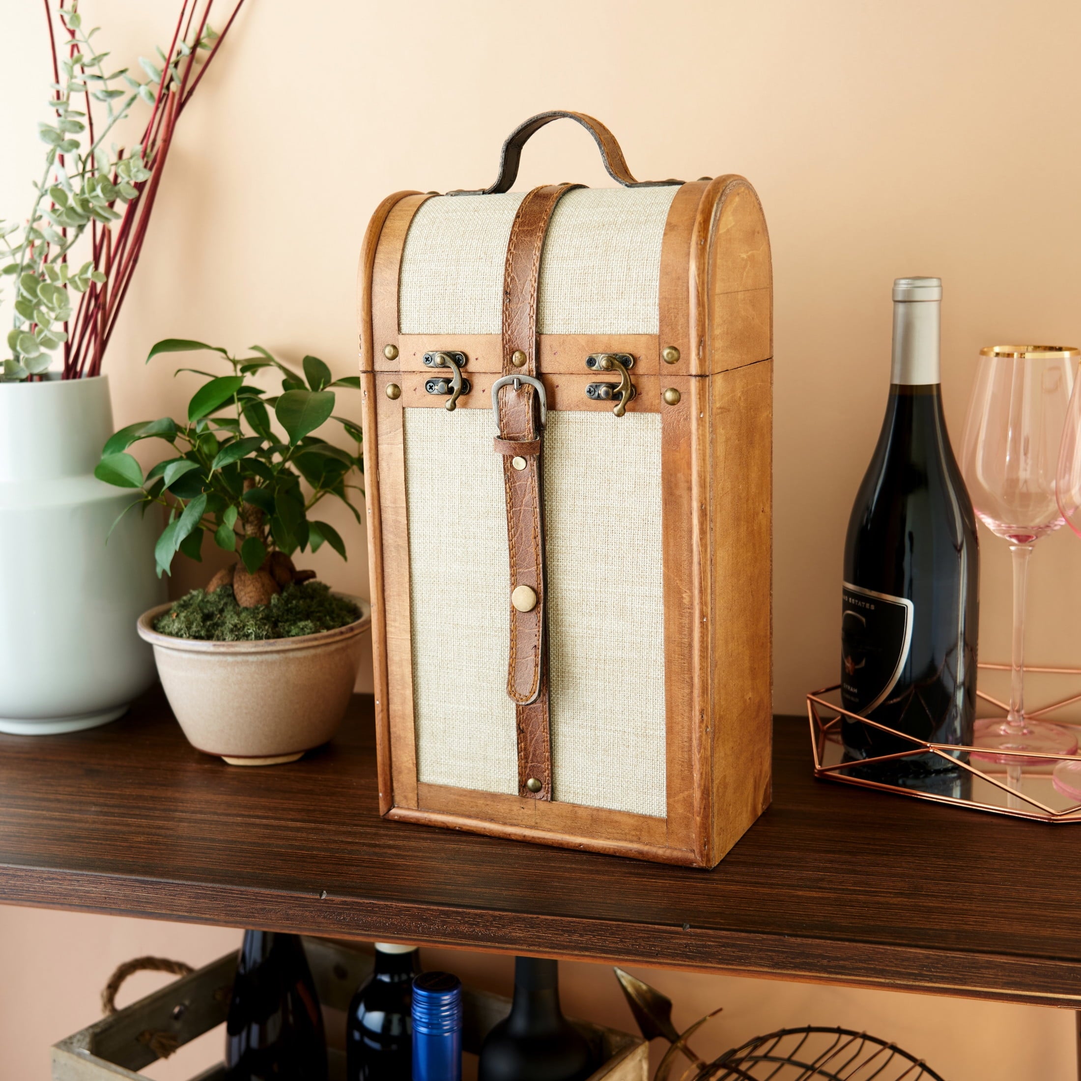Twine Vintage Trunk Wooden Wine Gift Box, 2-Bottle Wine Box, Wedding Gifts