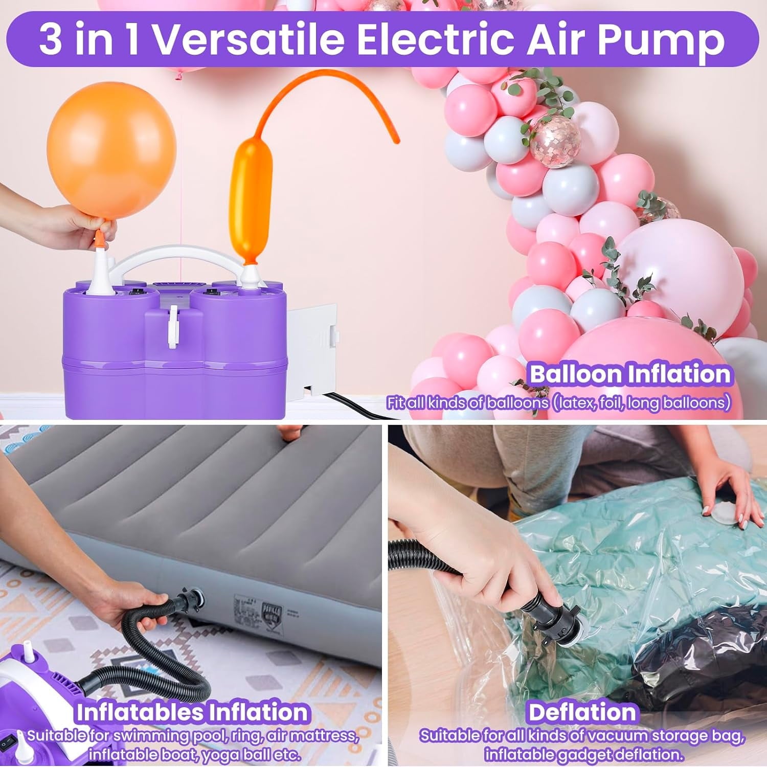 Electric Air Balloon Pump | 3-in-1 Air Pump for Inflatables,Long Animal Twisty Balloon, Foil Balloons, Quick-Fill 110V AC Inflator Deflator Great for Pool Floats Air Mattress Inflatables Purple Color