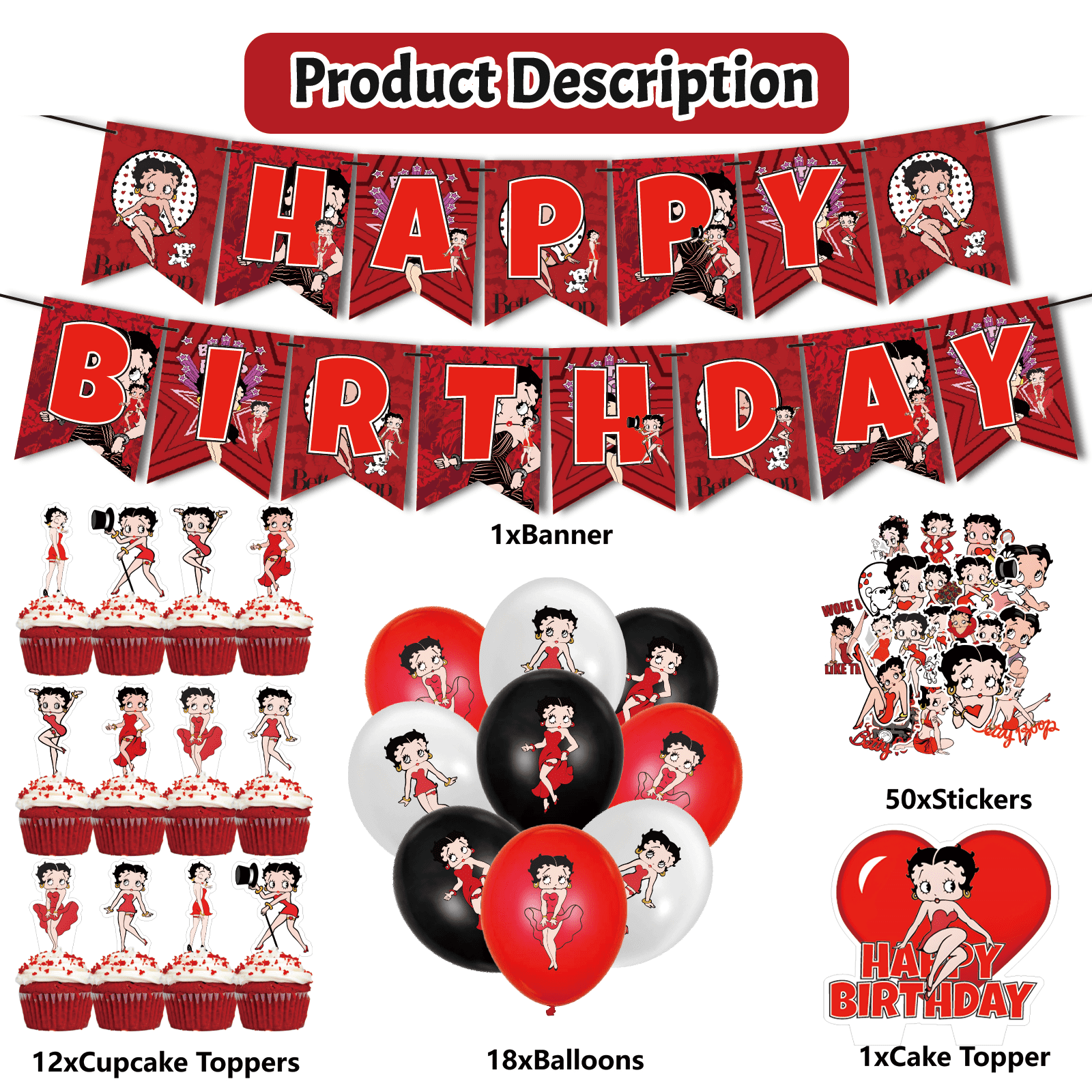 82 Pcs For Betty Cartoon - Party Decoration Kit – Includes Banner, Cake Topper, 12 Cupcake Toppers, 50 Stickers, and 18 Balloons for Festive and Birthday Celebrations
