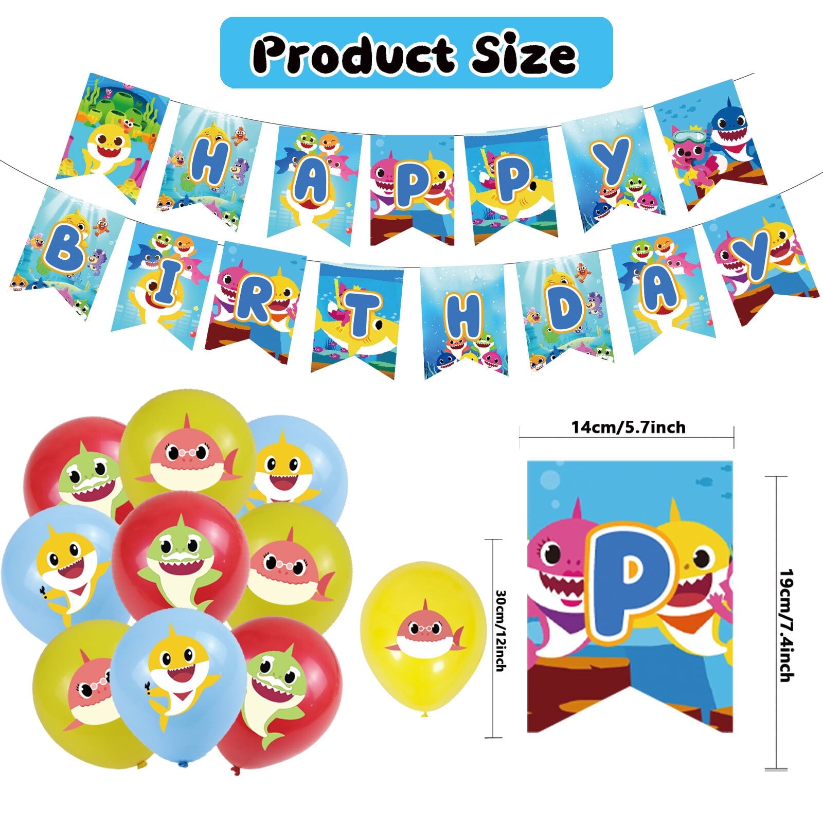 37-Pcs For Baby Cartoon For Shark-Themed Party Decoration Set – Includes Banner, Cake Topper, 12 Cupcake Toppers, 5 Aluminum film balloons, and 18 Balloons for Festive Celebrations