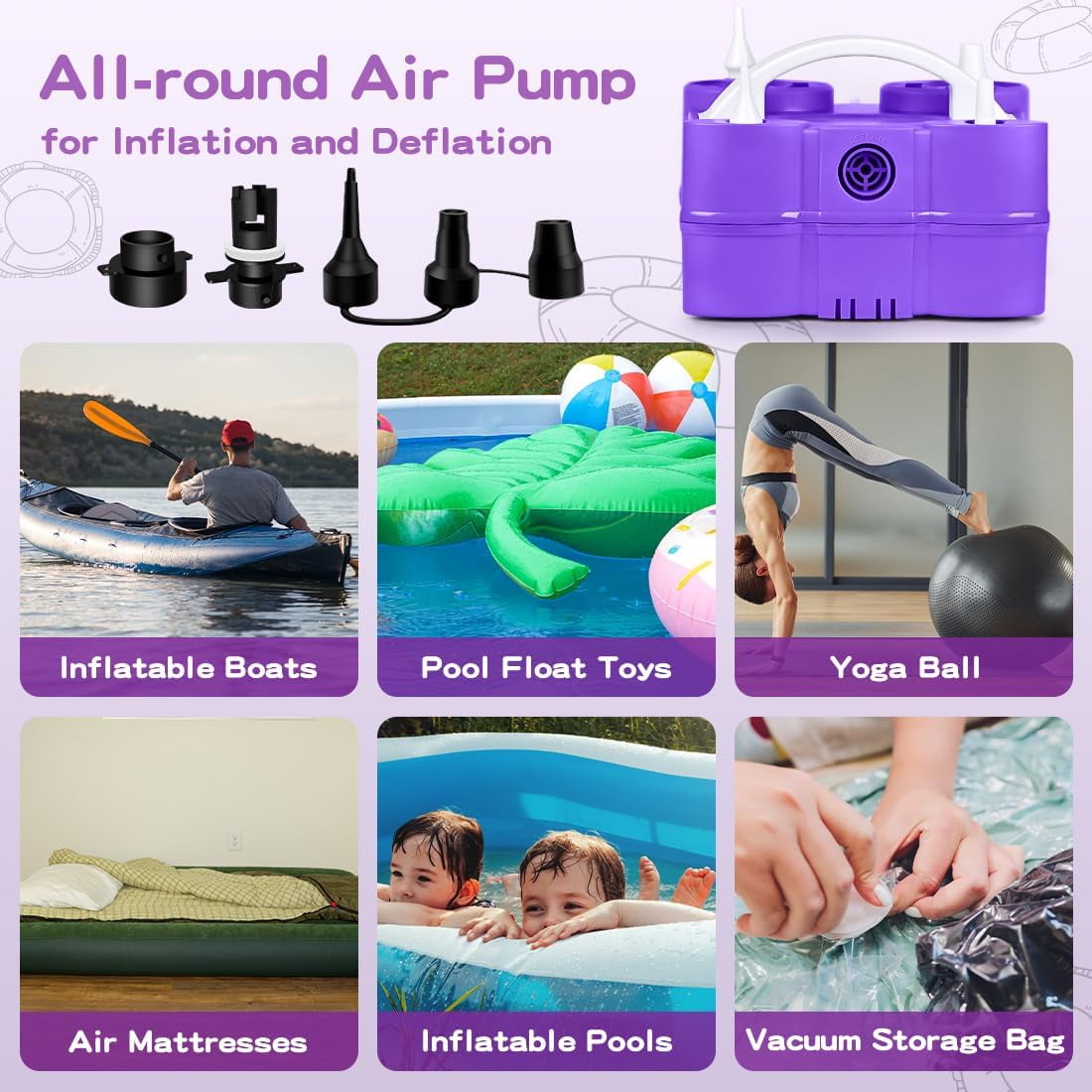 Electric Air Balloon Pump | 3-in-1 Air Pump for Inflatables,Long Animal Twisty Balloon, Foil Balloons, Quick-Fill 110V AC Inflator Deflator Great for Pool Floats Air Mattress Inflatables Purple Color