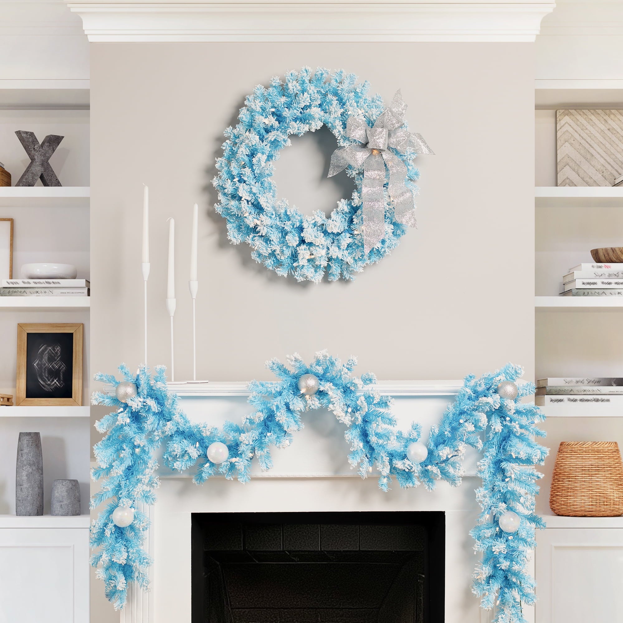 Northlight Pre-Lit Artificial Flocked Pine Christmas Garland - 9' - Sky Blue - Clear Lights