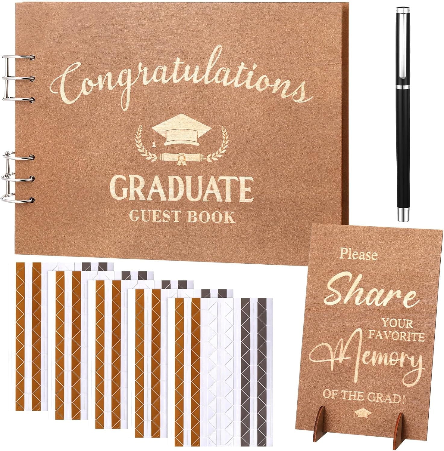 2025 Graduation Guest Book with Wood Graduation Photo Guestbook Sign with Stand Pen Photo Stickers Memory Scrapbook Album DIY Kit Grad Gifts for College High School Grad Party Supplies
