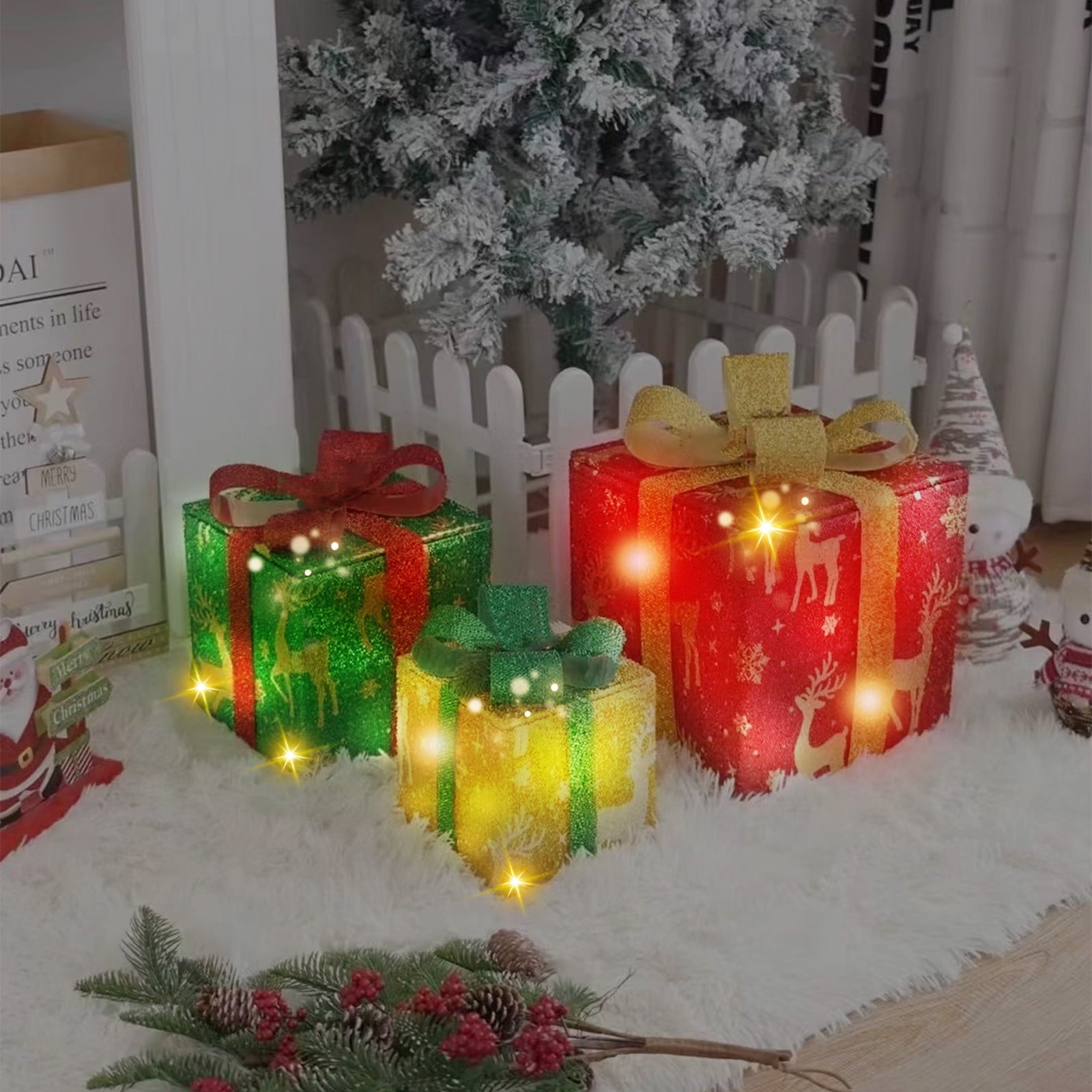 Pompotops Christmas Lighted Gift Boxes Remote Control, Set Of 3 LED Up Decor Outdoor, Up Christmas Boxes Present Decorations Outdoor Yard