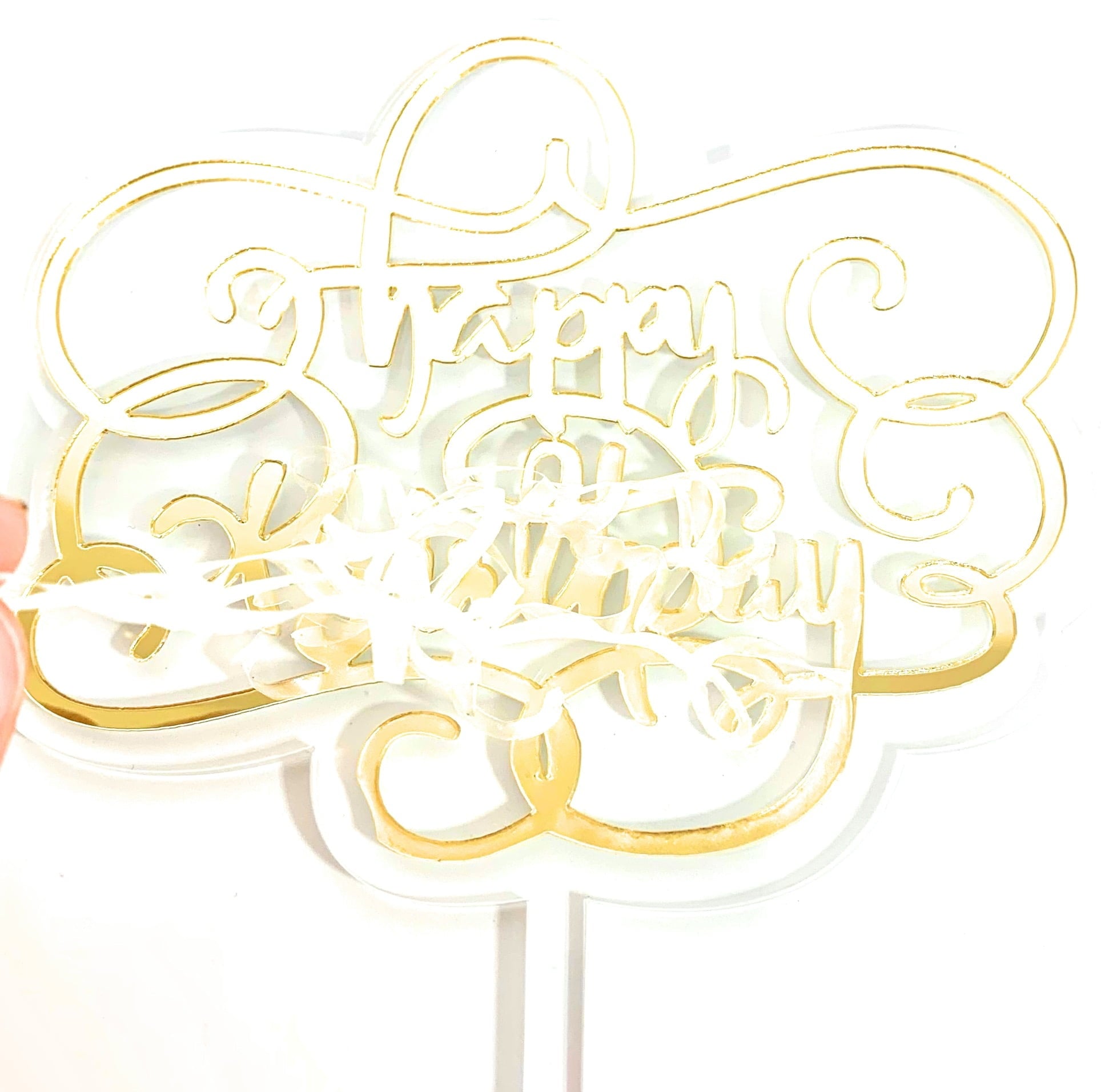 Happy Birthday Cake Topper, Double sided, Clear and Gold Acrylic