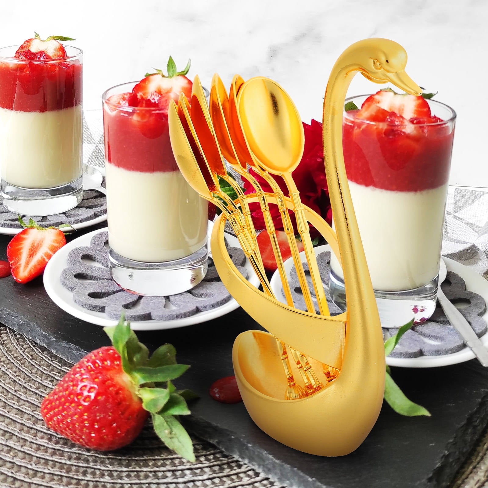 ULTNICE 6 Pcs Metal Serving Utensils Swan Base Holder Spoon Alloy Anti Rust for Table Setting