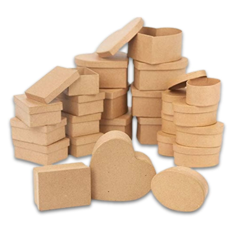 24pc Kraft Rectangle/Heart/Oval Paper Mache Boxes - for Craft Projects - Factory Direct Craft