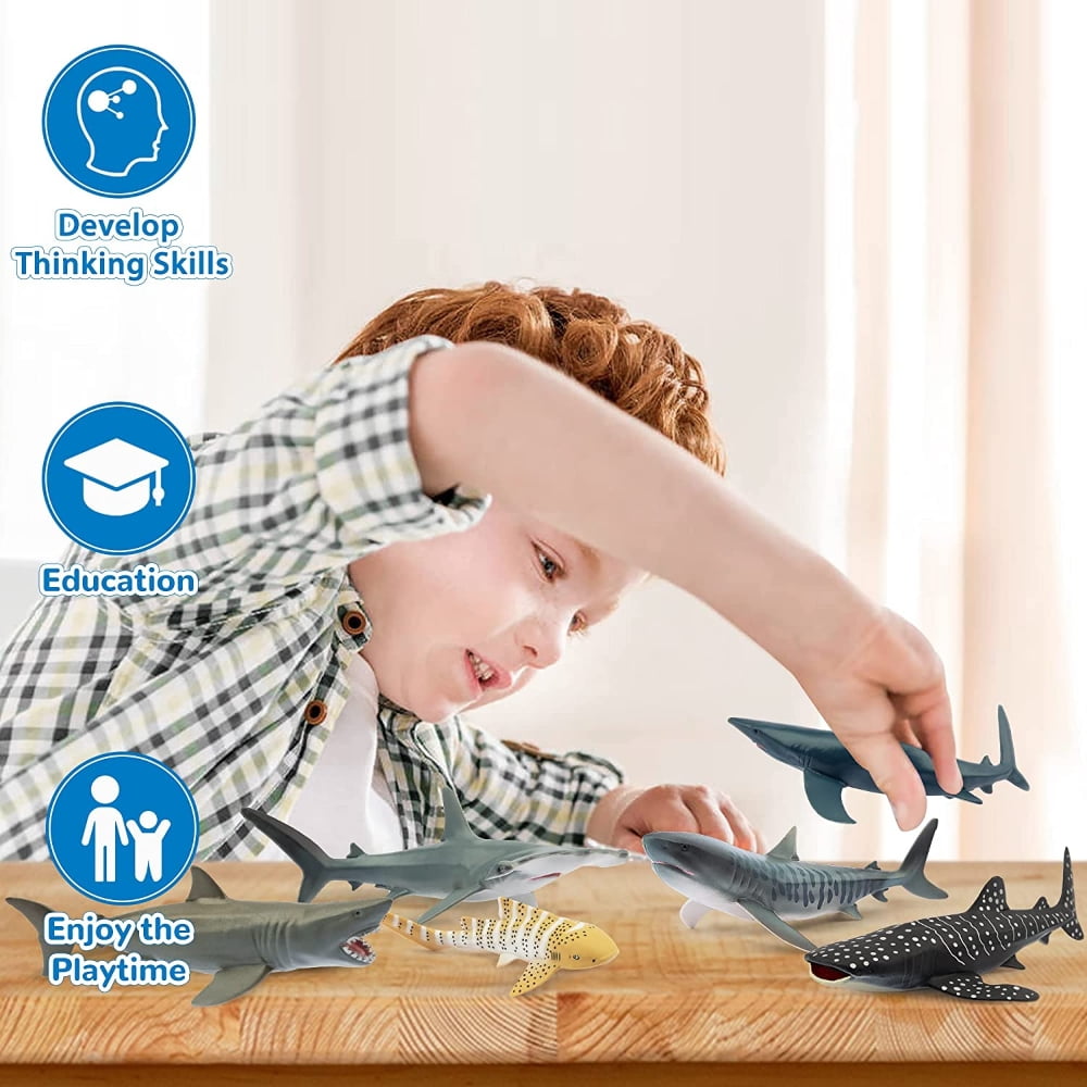 AAOMASSR 6 PCS Realistic Shark Bath Toy Figurines, Plastic Ocean Sea Animals Figures Set Includes Whale Shark, Tiger Shark, Mako Shark, Cake Toppers