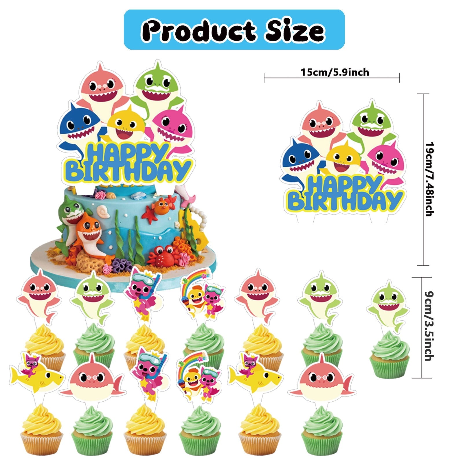 37-Pcs For Baby Cartoon For Shark-Themed Party Decoration Set – Includes Banner, Cake Topper, 12 Cupcake Toppers, 5 Aluminum film balloons, and 18 Balloons for Festive Celebrations