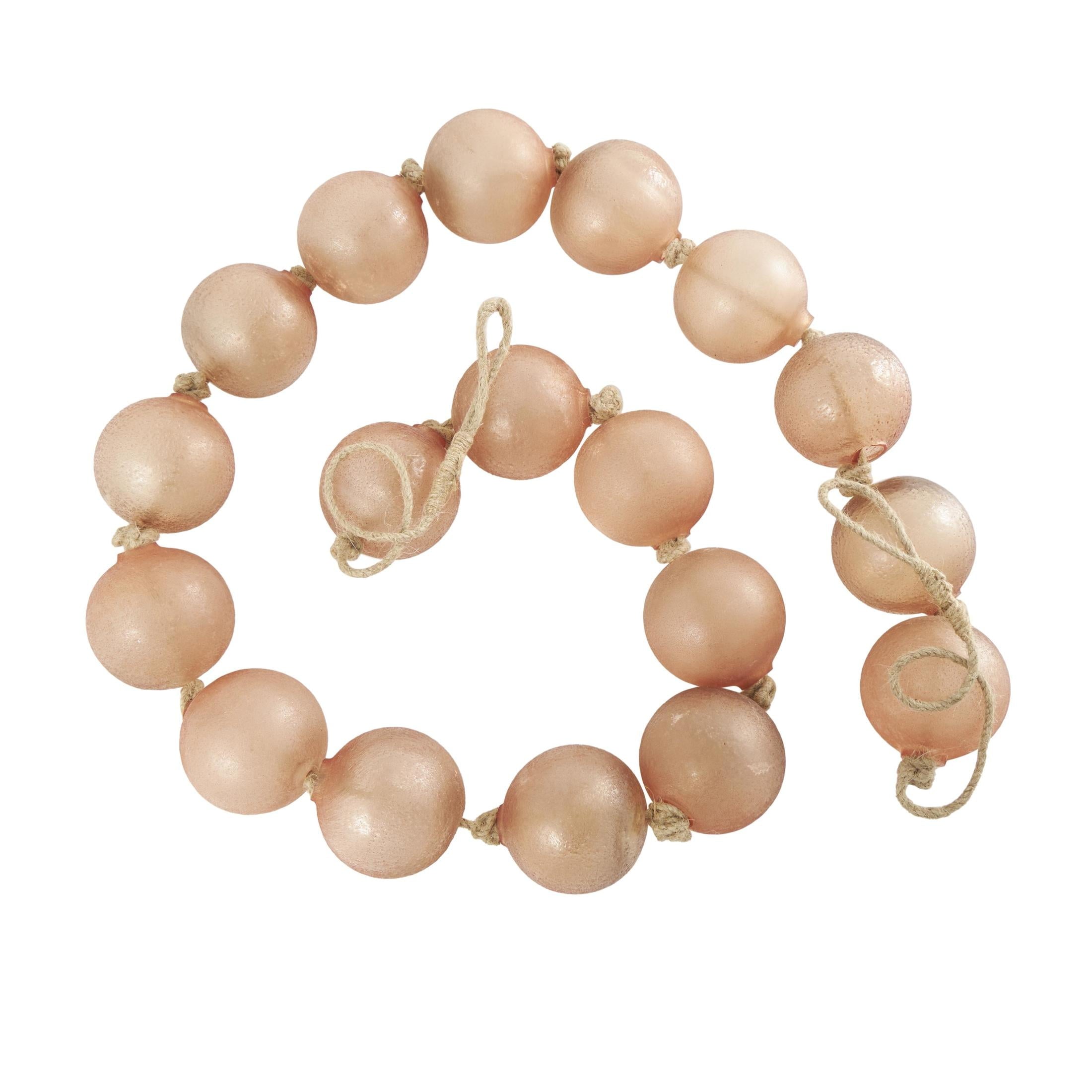 DecMode Handmade Round Extra Long Frosted Orb Pink Glass Garland with Tassel with Knotted Jute Rope