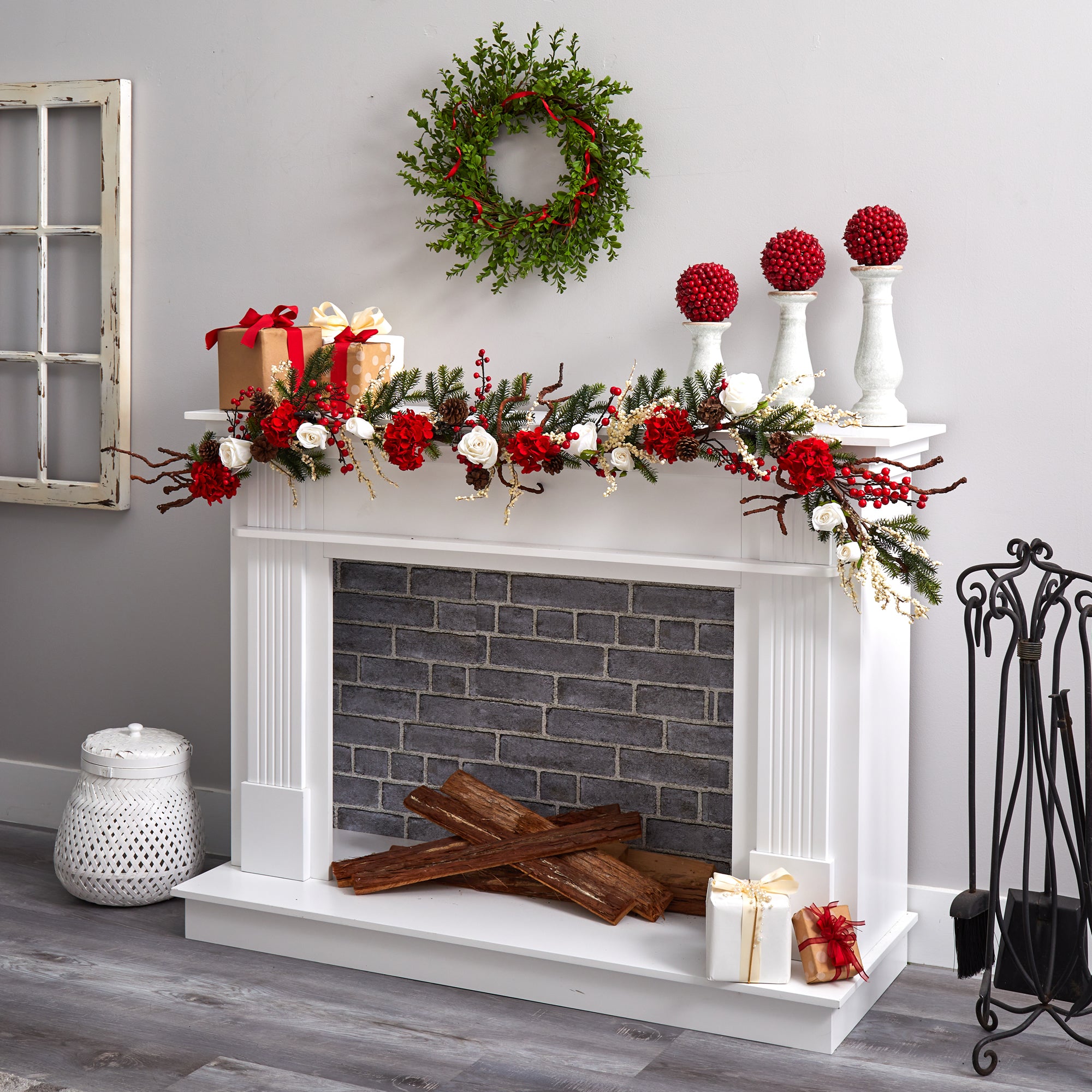Nearly Natural 72in. Hydrangea with White Roses Garland, Red/White