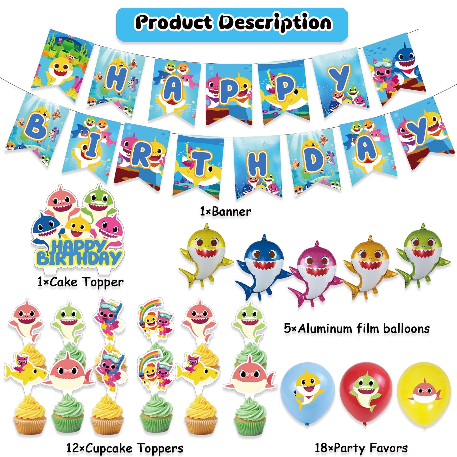 37-Pcs For Baby Cartoon For Shark-Themed Party Decoration Set – Includes Banner, Cake Topper, 12 Cupcake Toppers, 5 Aluminum film balloons, and 18 Balloons for Festive Celebrations