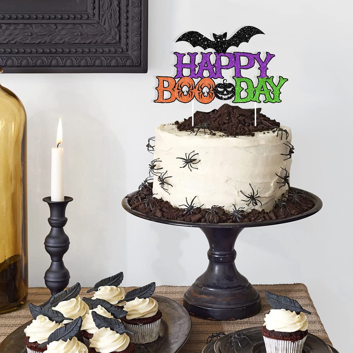 Halloween Birthday Cake Decorations - Happy Boo Day Cake Topper for Boys Girls Here for the Boos, Trick or Treat Spooky Themed Birthday Party Supplies with Bat Pumpkin Sign