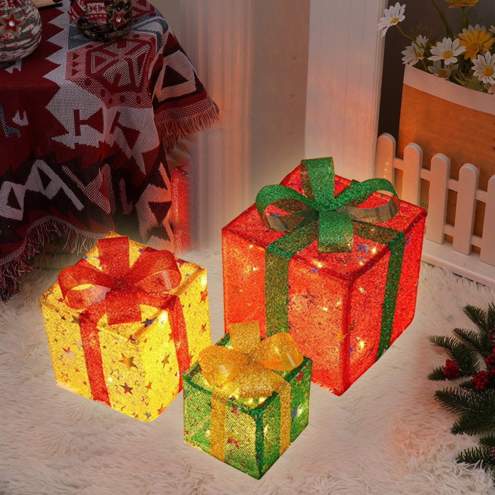 Zhourta 3PCS Lighted Gift Boxes Christmas Decorations Light Up Folding Present Box Christmas Ornaments for Outdoor Indoor Xmas Tree Yard Home Decor