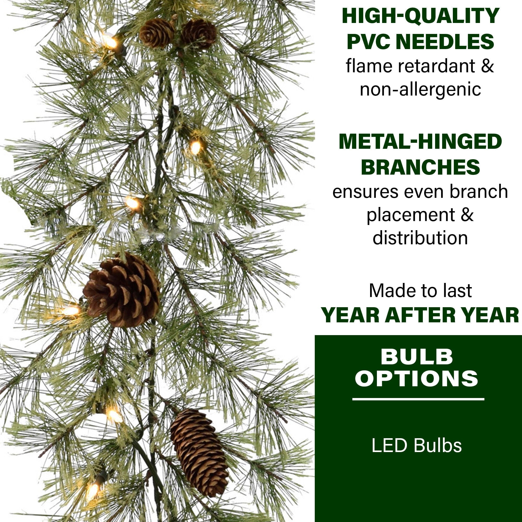 Fraser Hill Farm Green Pine Garland with Pinecones, 9-Ft. Long, Perfect Christmas Decoration for Door, Stairs, or Above Fireplace, Battery-Operated Warm White LED Lights, FF007CHGL-108-5GR