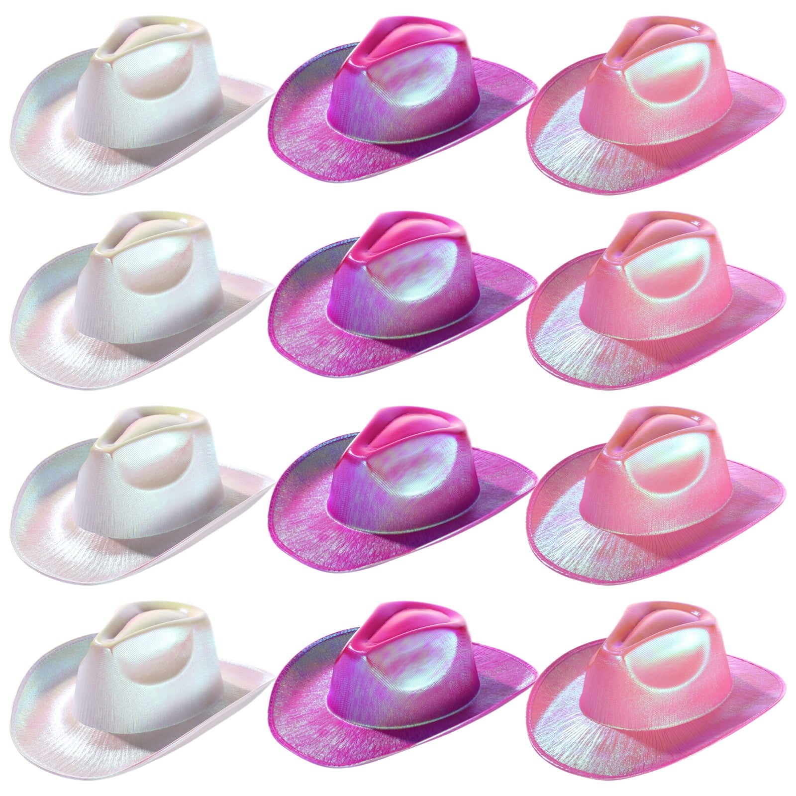 12 PCS Neon Gradient Cowboy Hats for Women, Light-Up Fluorescent Wide Brim Hats, Pearl Shiny Finish, Adjustable String, Party and Event Costume Accessory