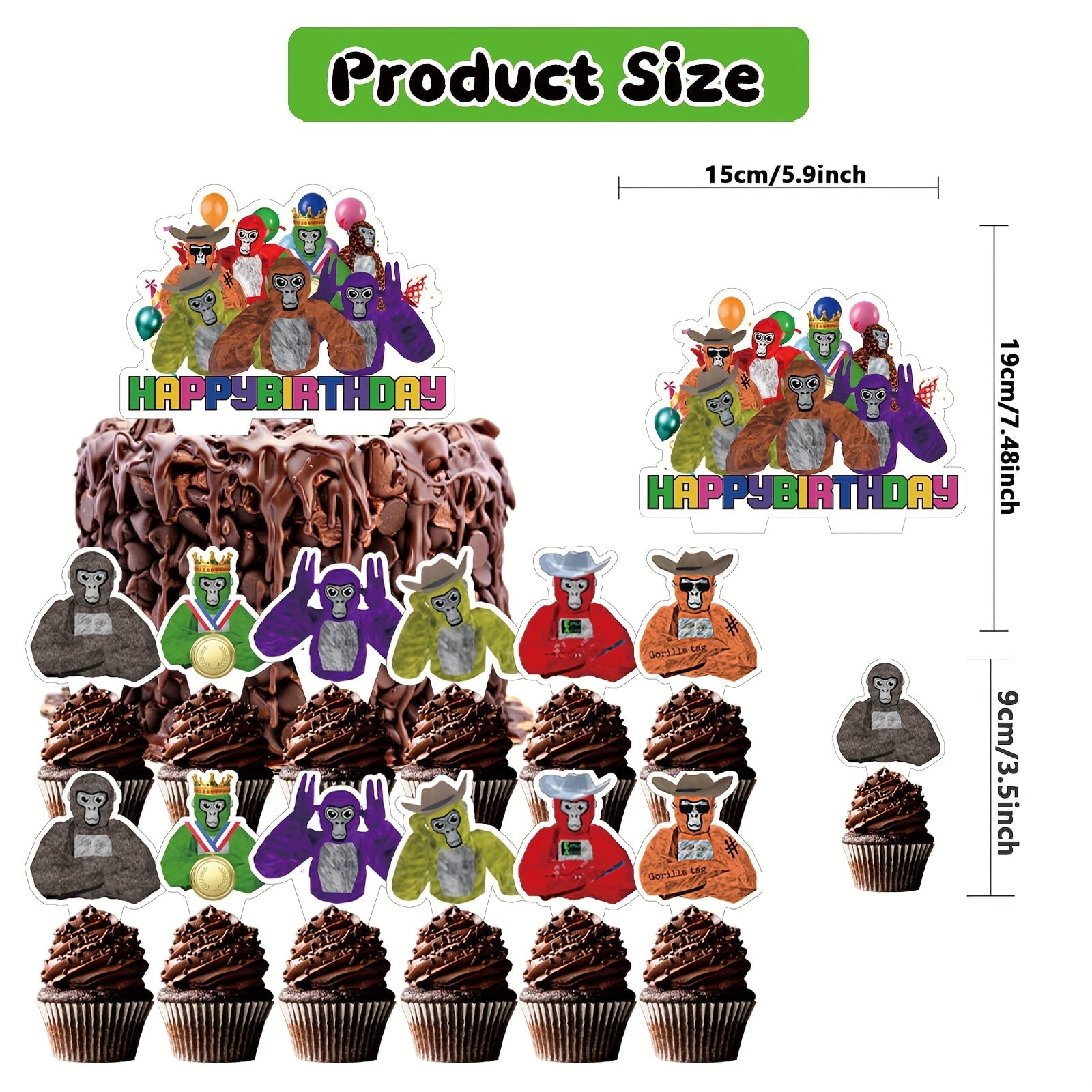 Gorilla Tag Birthday Party Decorations & Favors Kit - 14pcs Cartoon Theme with Backdrop, Cake Toppers, 12 Cupcake Toppers for Themed Celebrations, Party Supplies