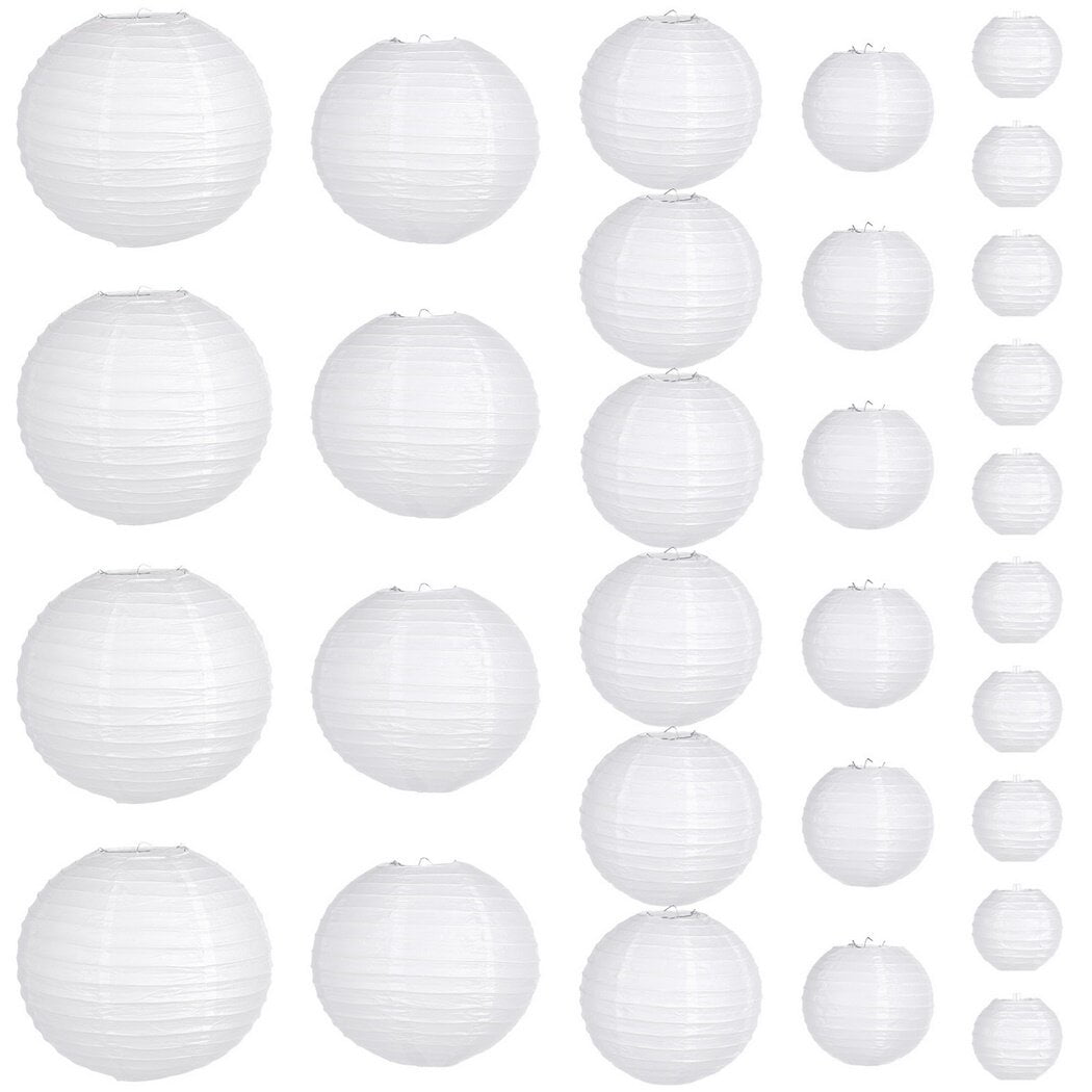30PCS White Paper Lanterns, 4" 6" 8" 10" 12" Assorted Sizes, Indoor Outdoor Hanging Round Lanterns, Compressible Lanterns for Birthday Wedding Festival Christmas Party Decoration