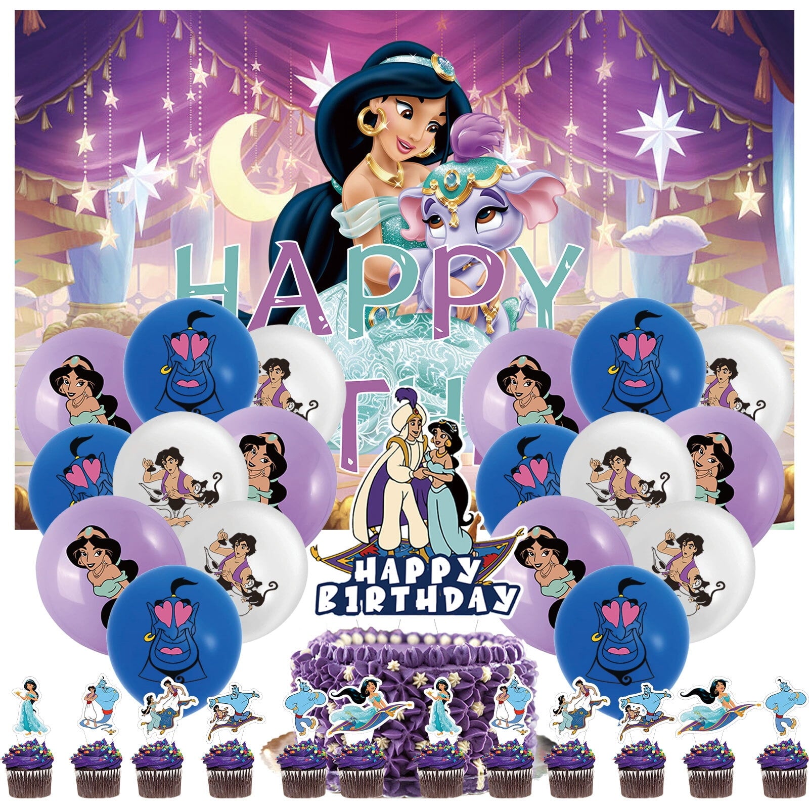 32 Pcs For Aladdin Theme Party Decorations,With 5*3ft Birthday Backdrop Decorations,18 Balloons,13 Cupcake Toppers Balloons,for Birthday Party Decorations