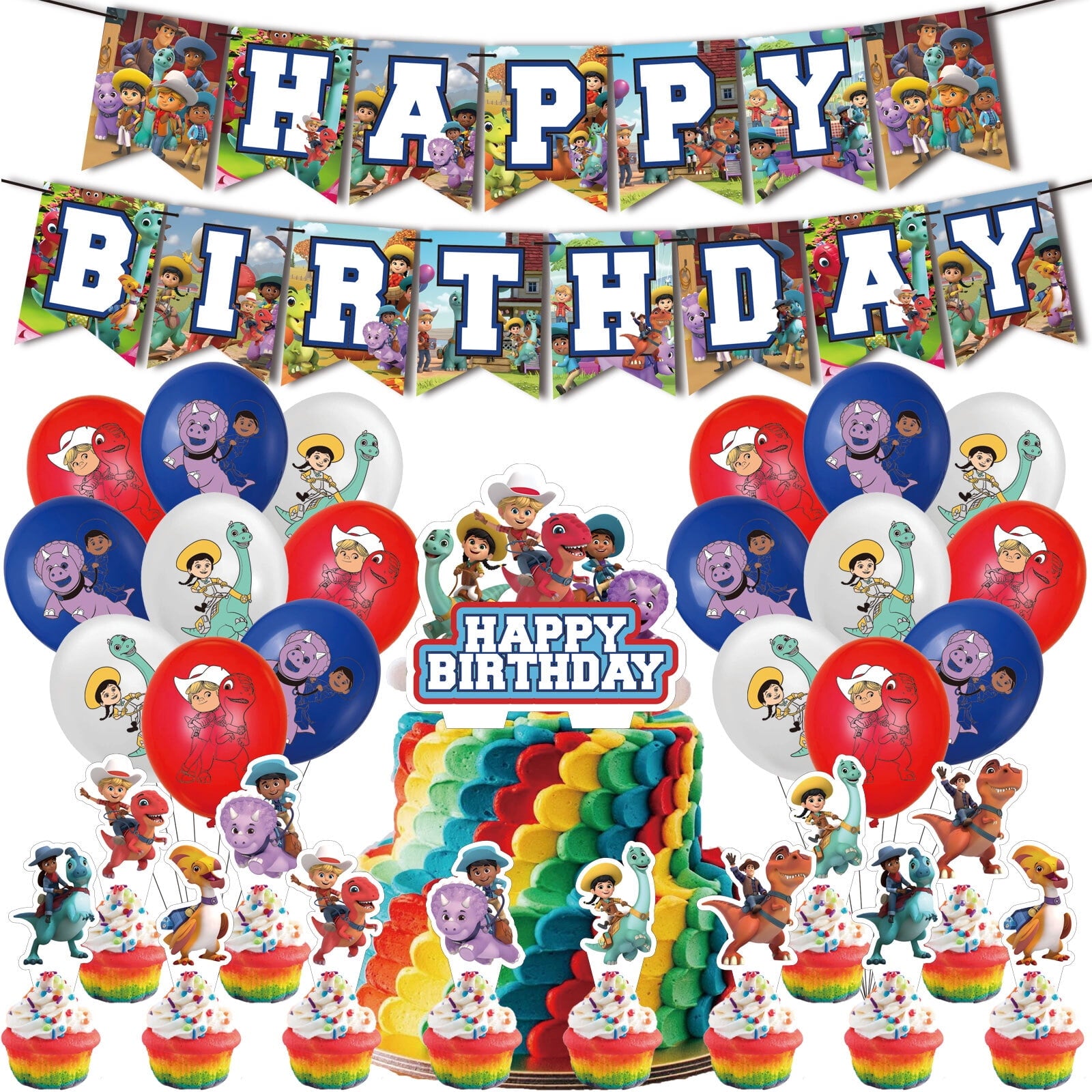32 Pcs For Dino Ranch Theme Birthday Party Decorations,With 1 Happy Birthday Banner Garland,13 Cupcake Toppers,18 Balloons for Children Party Decorations