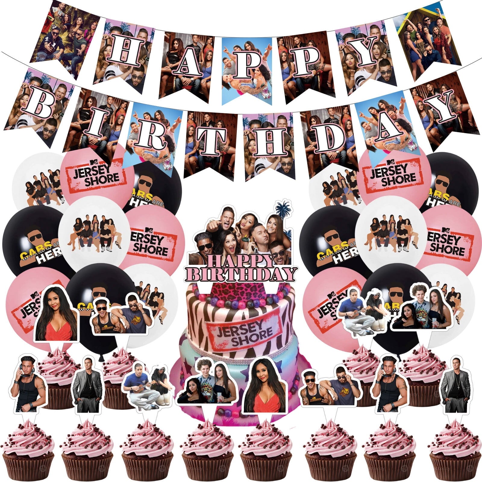 32 Pcs For Jersey Shore Theme Birthday Party Decorations,With 1 Happy Birthday Banner Garland,13 Cupcake Toppers,18 Balloons for Party Decorations