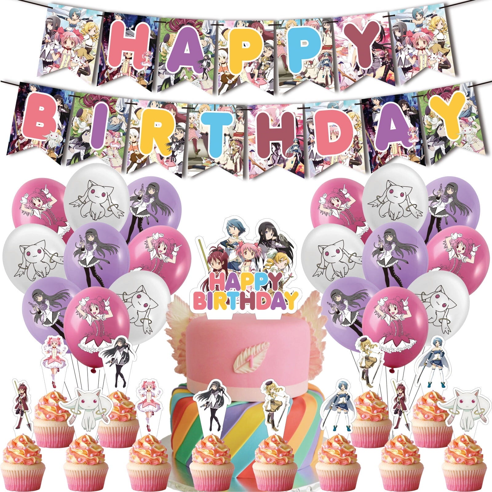 32 Pcs For Puella Magi Madoka Magica Theme Birthday Party Decorations,With 1 Happy Birthday Banner Garland,13 Cupcake Toppers,18 Balloons for Children Party Decorations