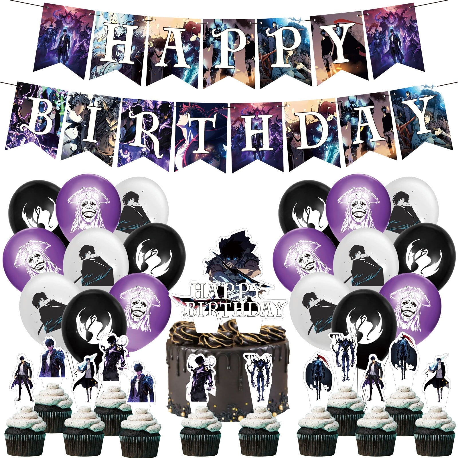 32 Pcs For Solo Leveling Theme Birthday Party Decorations,With 1 Happy Birthday Banner Garland,13 Cupcake Toppers,18 Balloons for Children Party Decorations