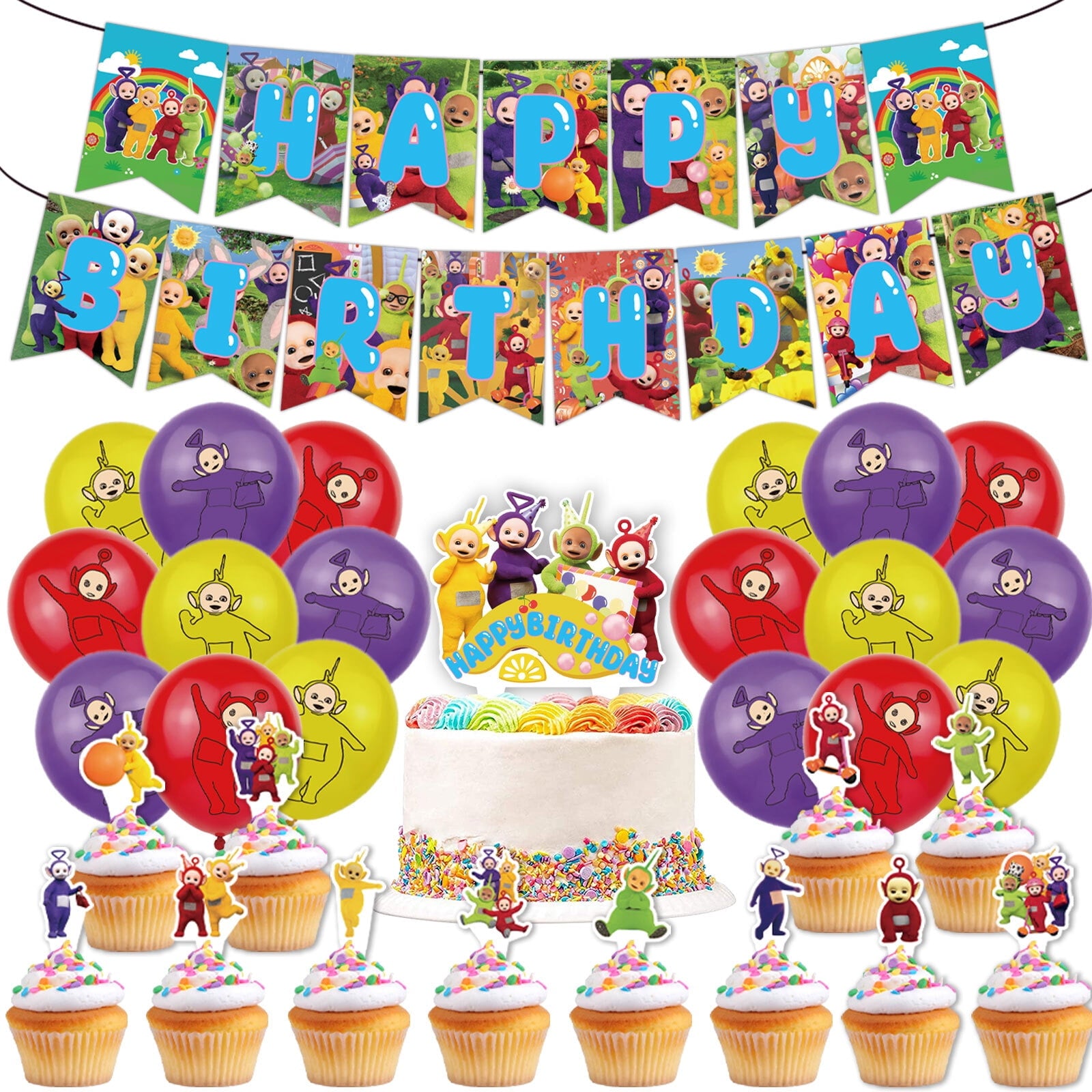 32 Pcs For Teletubbies Theme Birthday Party Decorations Set With 1 Happy Birthday Banner,18 Balloons,13 Cupcake Toppers,All-in-One Celebration Party Kit Supplies