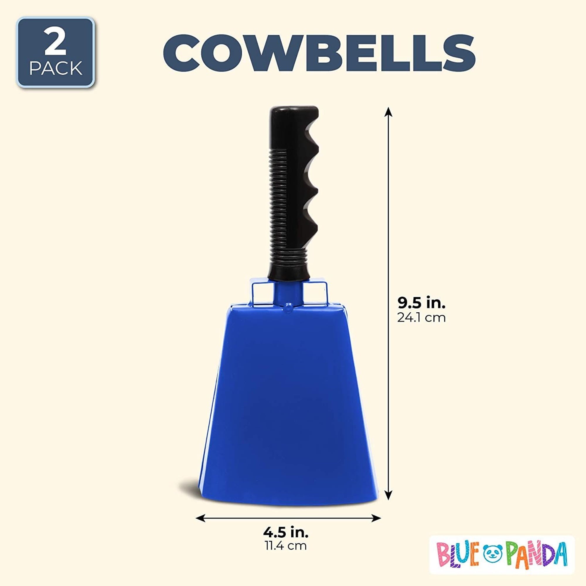 2 Pack 9.5-inch Cowbells for Sporting Events, Percussion Noise Makers with Handle for Football Games, Stadiums (Blue)