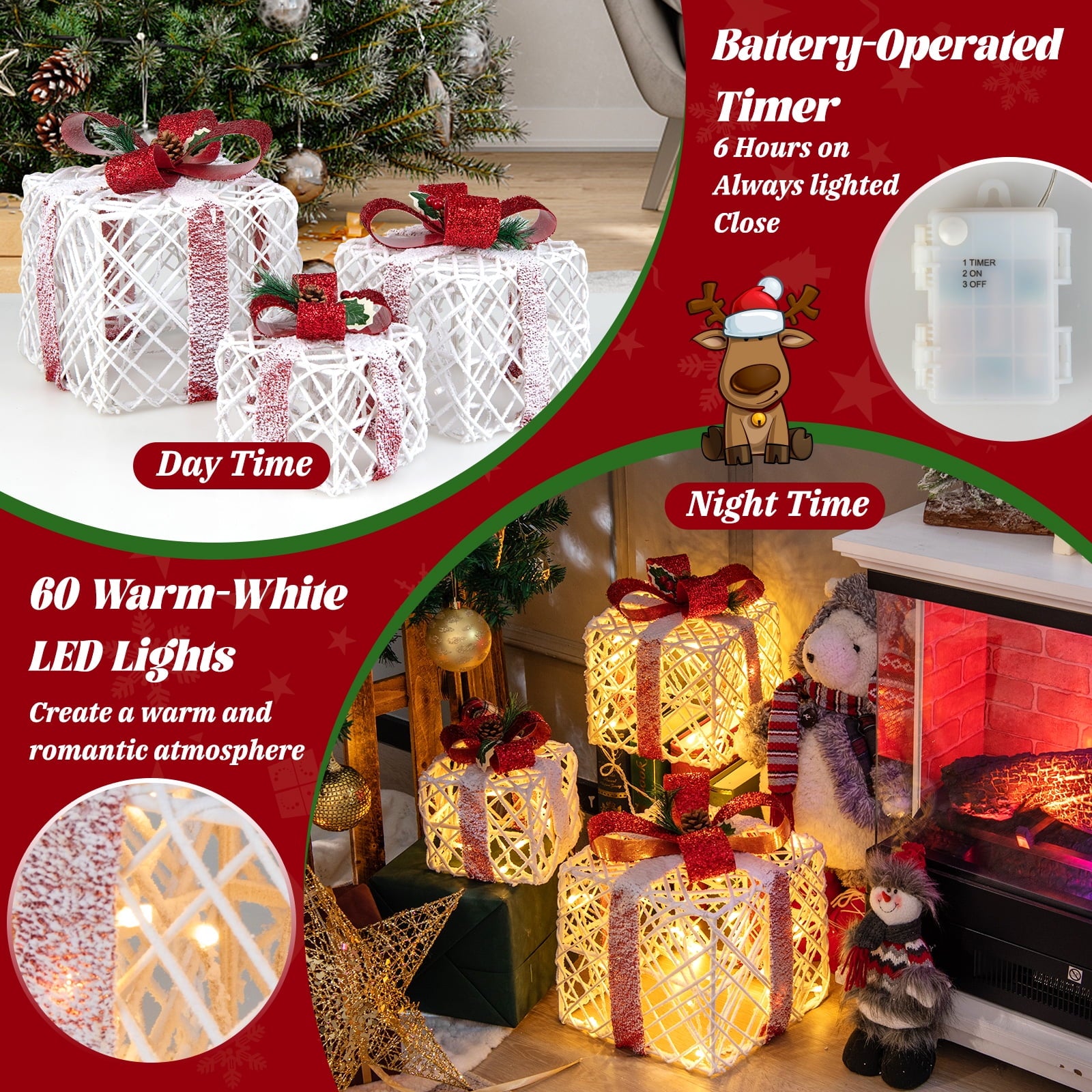 Topbuy Set of 3 Christmas Lighted Gift Boxes Battery Powered Present Boxes w/Red Bows 60 Warm Lights & 6 Hours Timing Function