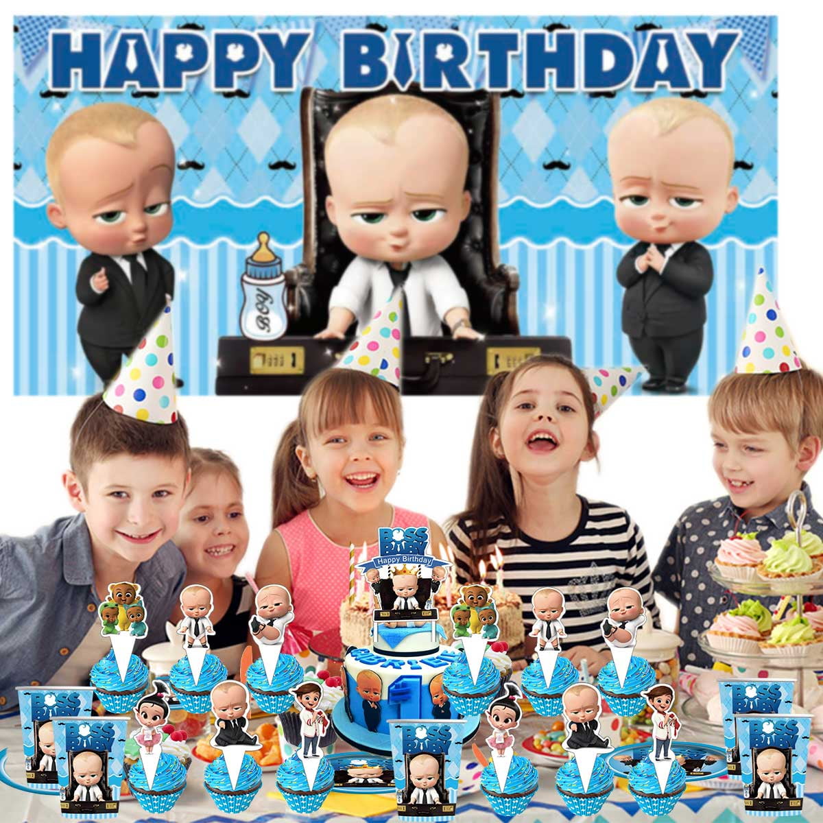 Boss Baby White Boy Party Decorations Decor Supplies Honeycomb Centerpieces Table Toppers Cake Toppers for Birthday Photo Props