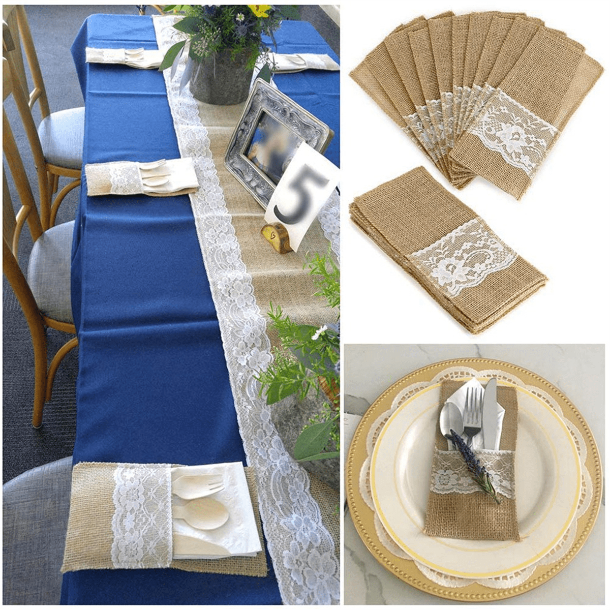 225Pcs Burlap Lace Cutlery Pouch Rustic Wedding Tableware Knife Fork Holder Bag Hessian Table Decoration,225 * Sack Bag,yellow-brown